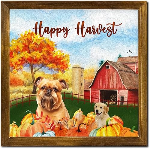 Happy Harvest American Bully Dog Barn Framed Wooden Signs Autumn Harvest Wall Sign Classic Wood Decor Farmhouse Wall Hanging Plaque for Living Room