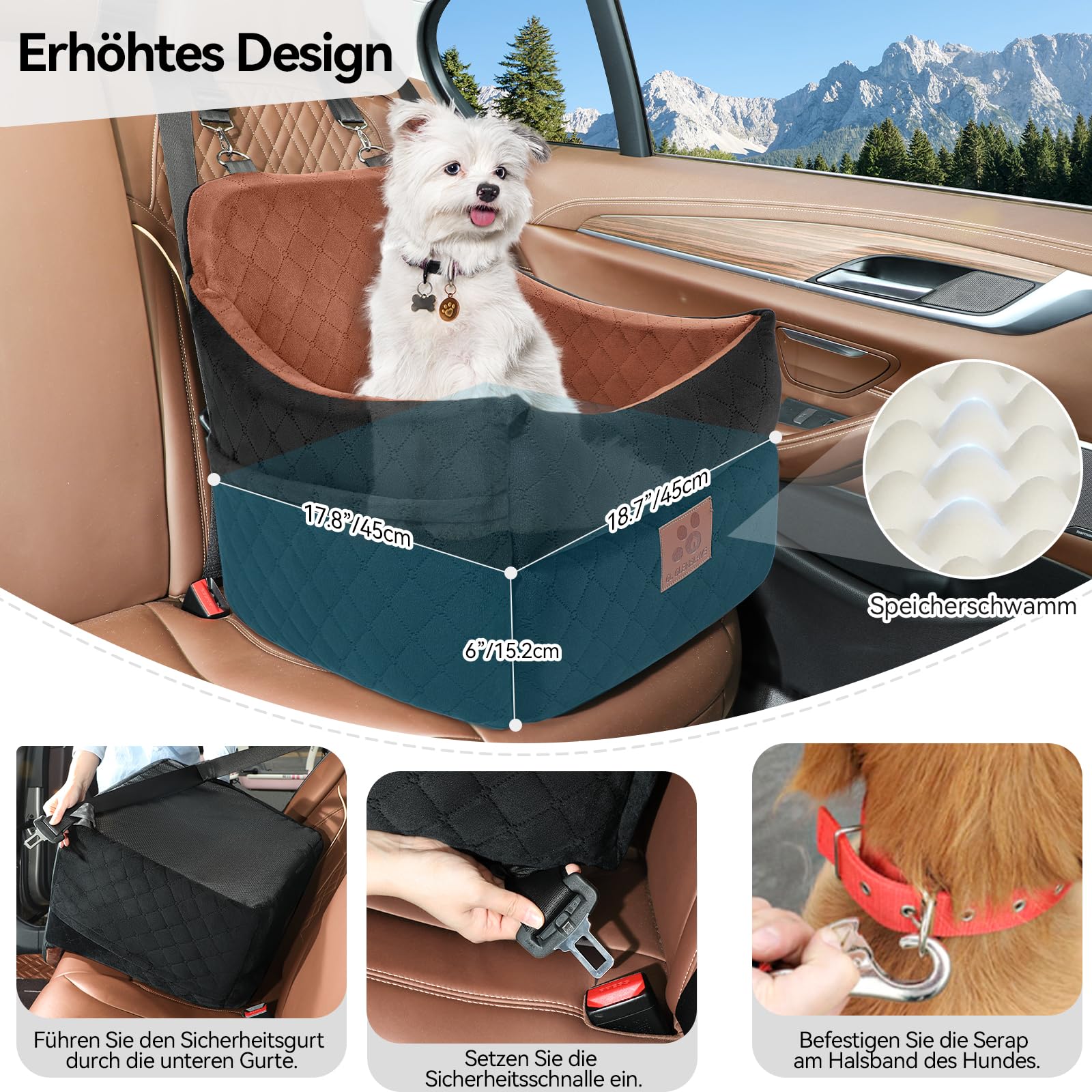 GL GLENSLAVE Hunde-Autositz für kleine/mittlere Hunde, Hundeautositz mit Dicker Polsterung unter 35 Pfund, Abnehmbarer, waschbarer Autositz für Haustiere (schwarz/braun)