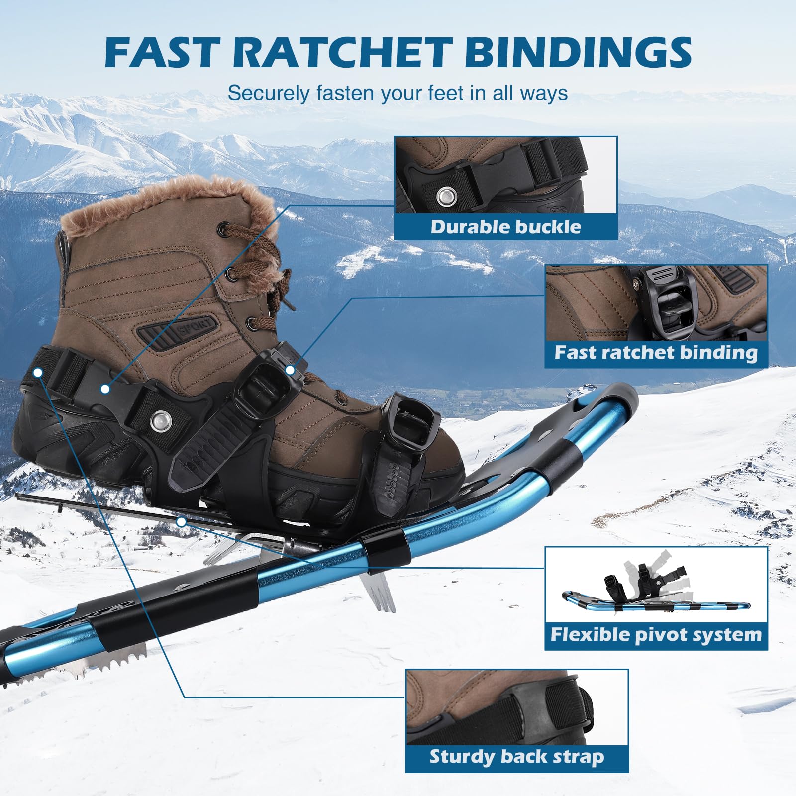 Kit di Racchette da Neve 4 in 1 per Uomini, Donne e Giovani, Racchette Leggere in Alluminio con Bastoncini da Trekking Regolabili, Ghette Impermeabili e Sacca per il Trasporto (53/63/76cm)