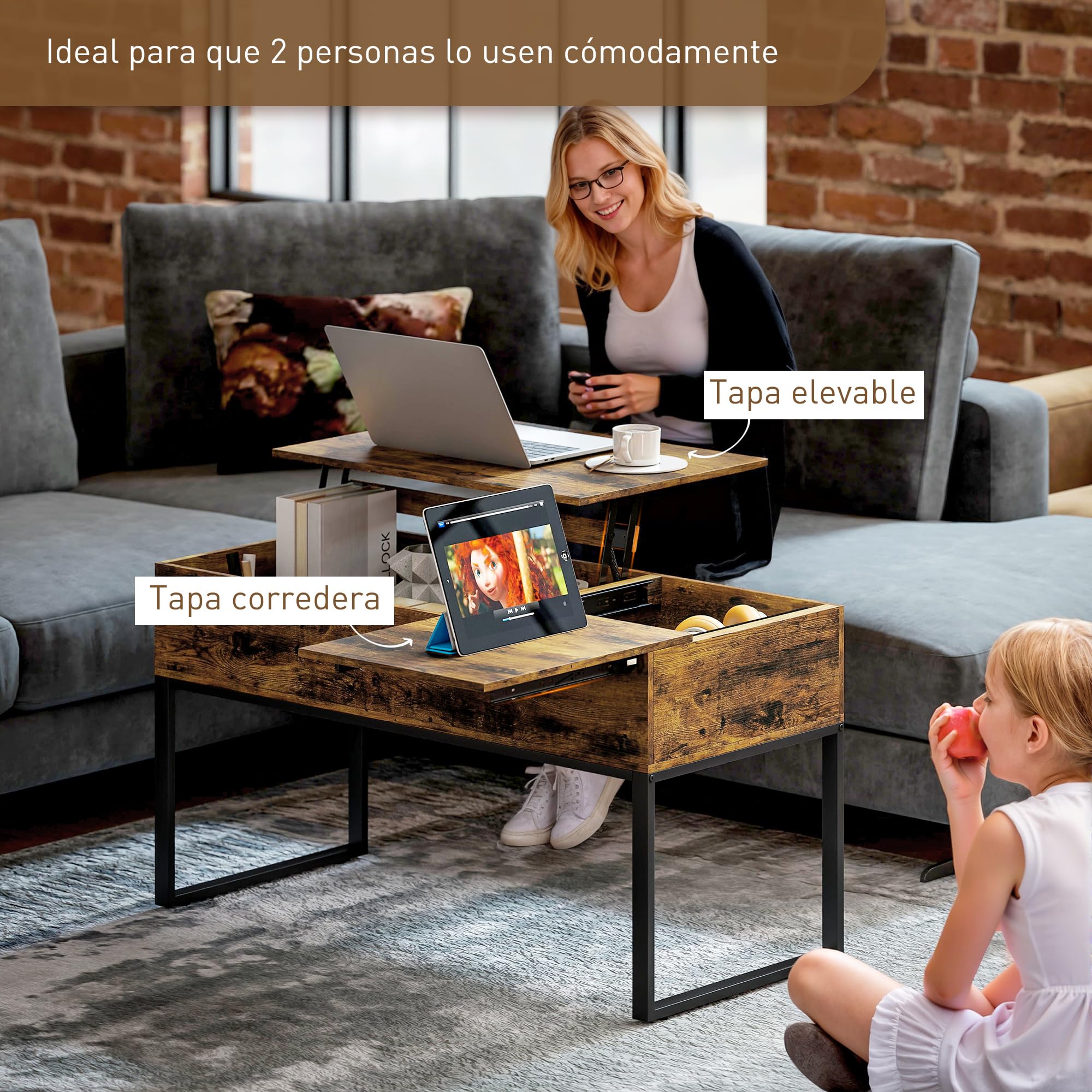 HOMCOM Mesa de Centro Elevable Cierre Suave 100x45x67 cm Marrón Rústico | Mesa de Café, Encimera Deslizante, Espacio Oculto de Almacenaje