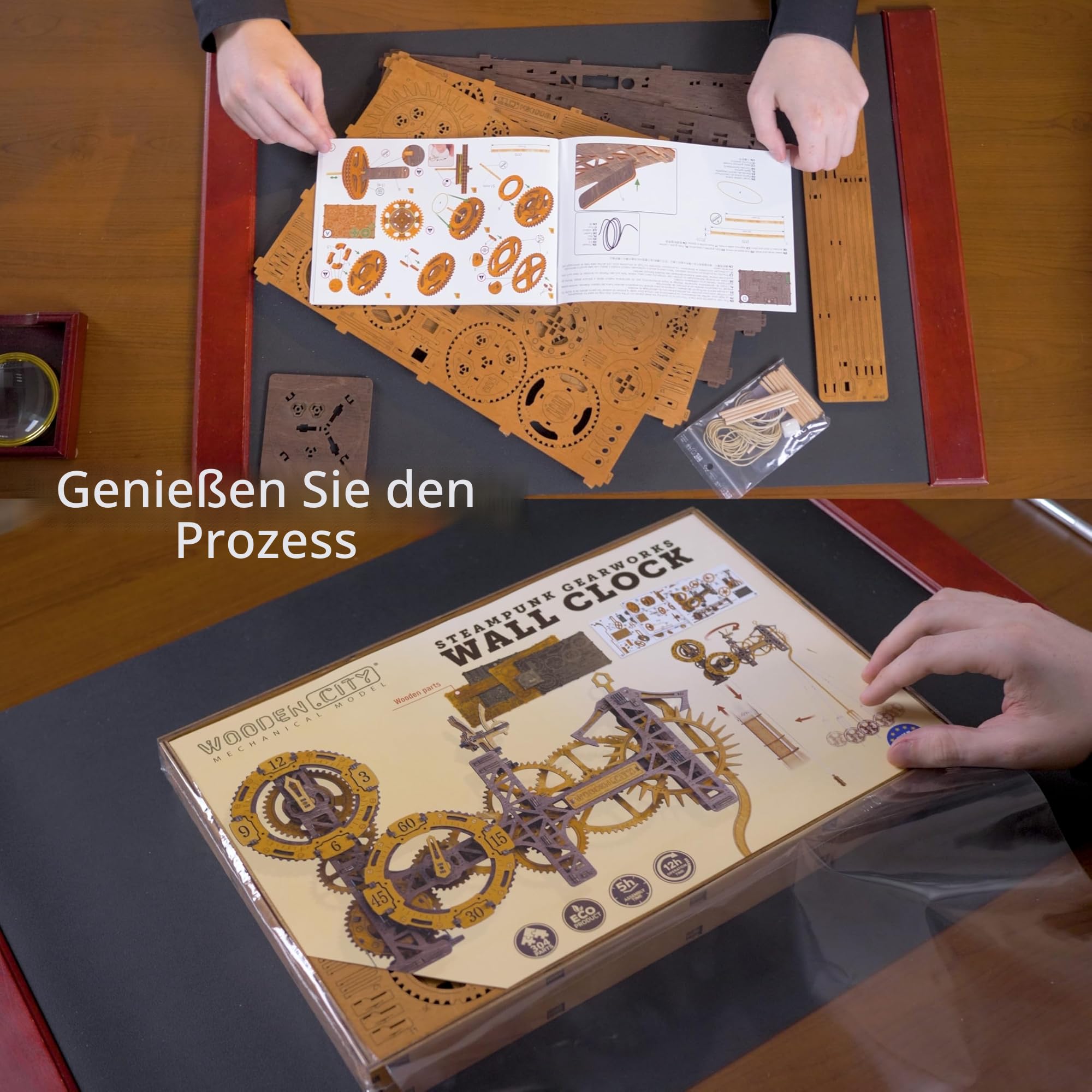 WOODEN.CITY Steampunk Gearworks 3D Holz Puzzle Uhr - DIY Wanduhr Modell Kit - Bauen Sie Ihr eigenes Uhrwerk Puzzle mit beweglichen Zahnrädern - 288 Teile Mechanische Uhr Baukasten für Erwachsene