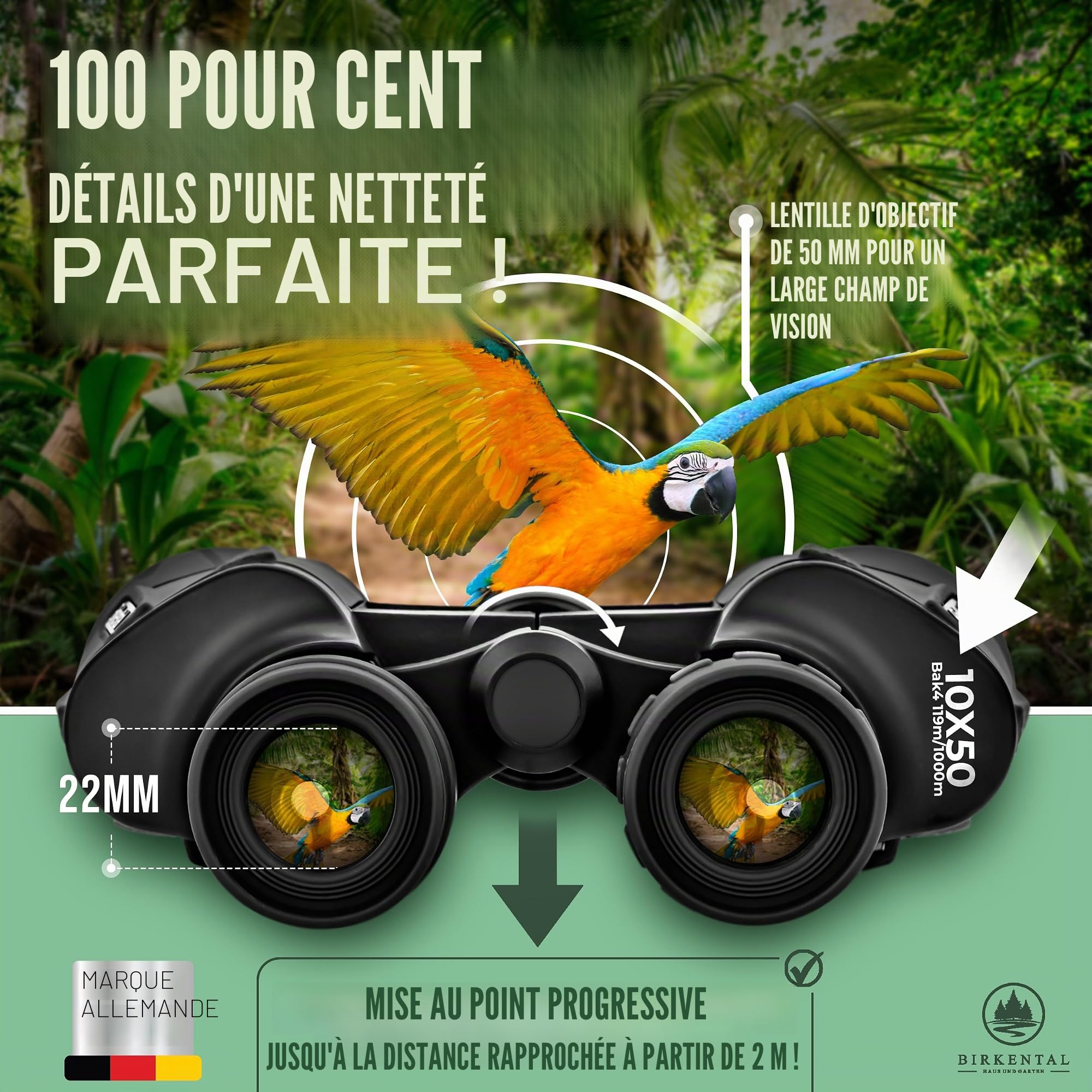 Birkental Jumelles pour Adultes 10x50 avec Accessoires - Zoom HD, étanche, léger, Compact - adapté également aux porteurs de Lunettes - Large Champ de Vision - pour la Chasse, l'astronomie (Noir)