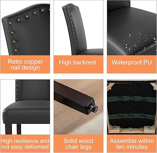 Miniatura 4 de LSSBOUGHT Juego de 2 sillas de comedor de poliuretano tapizadas Parsons con clavos de cobre y patas de madera maciza para comedor, restaurante