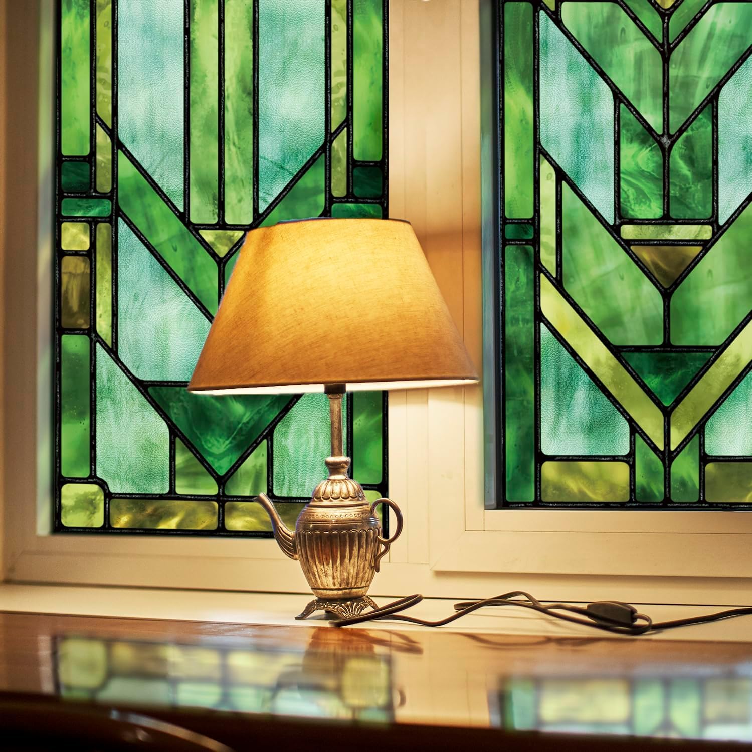 ChicSkin Hand-Painted stained glass window film Green Geometric 58X290CM