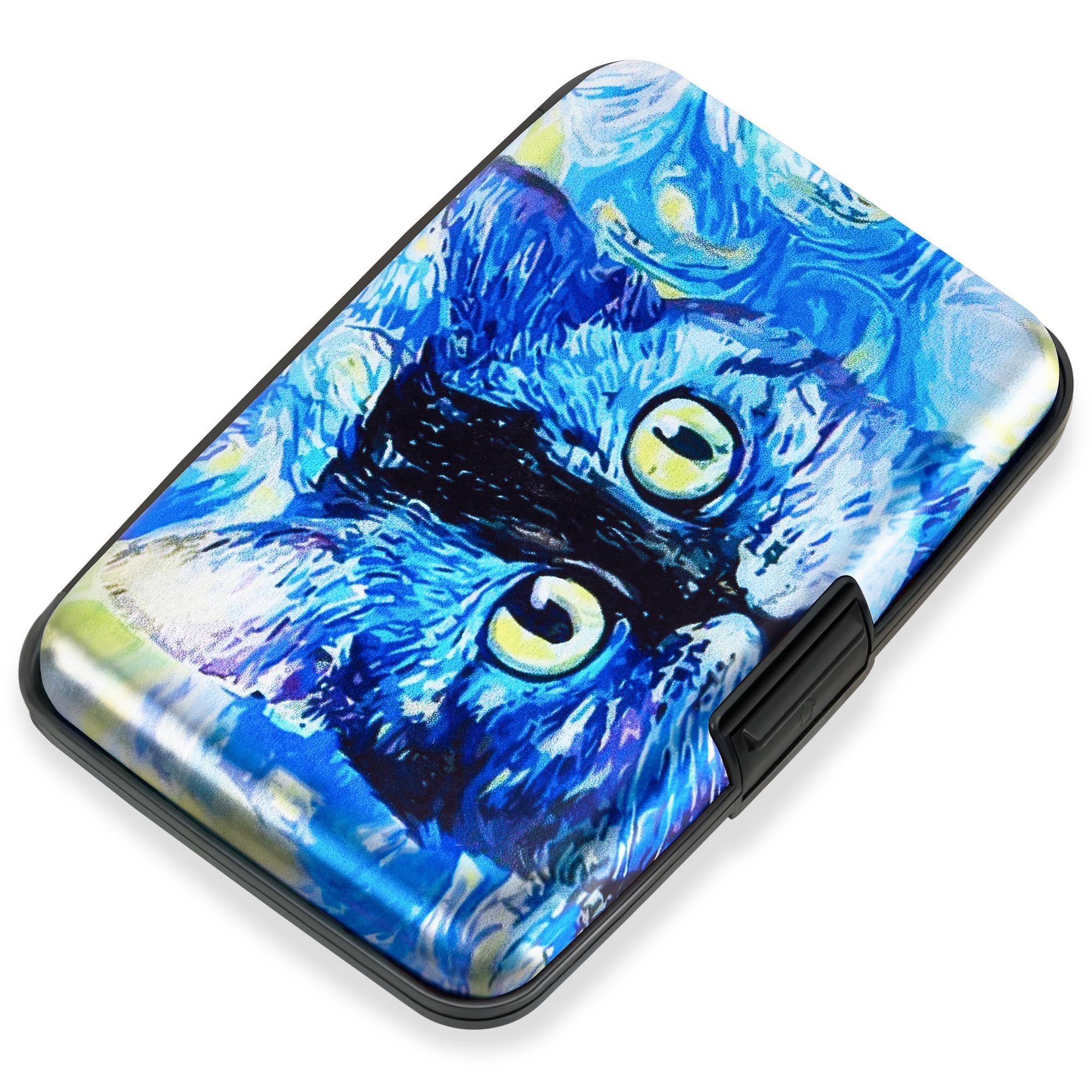 Mayski Credit Card Holder, RFID Blocking, Aluminum Alloy Hard Case, Small Mini Business Metal Wallet for Women Men, Blue Cat