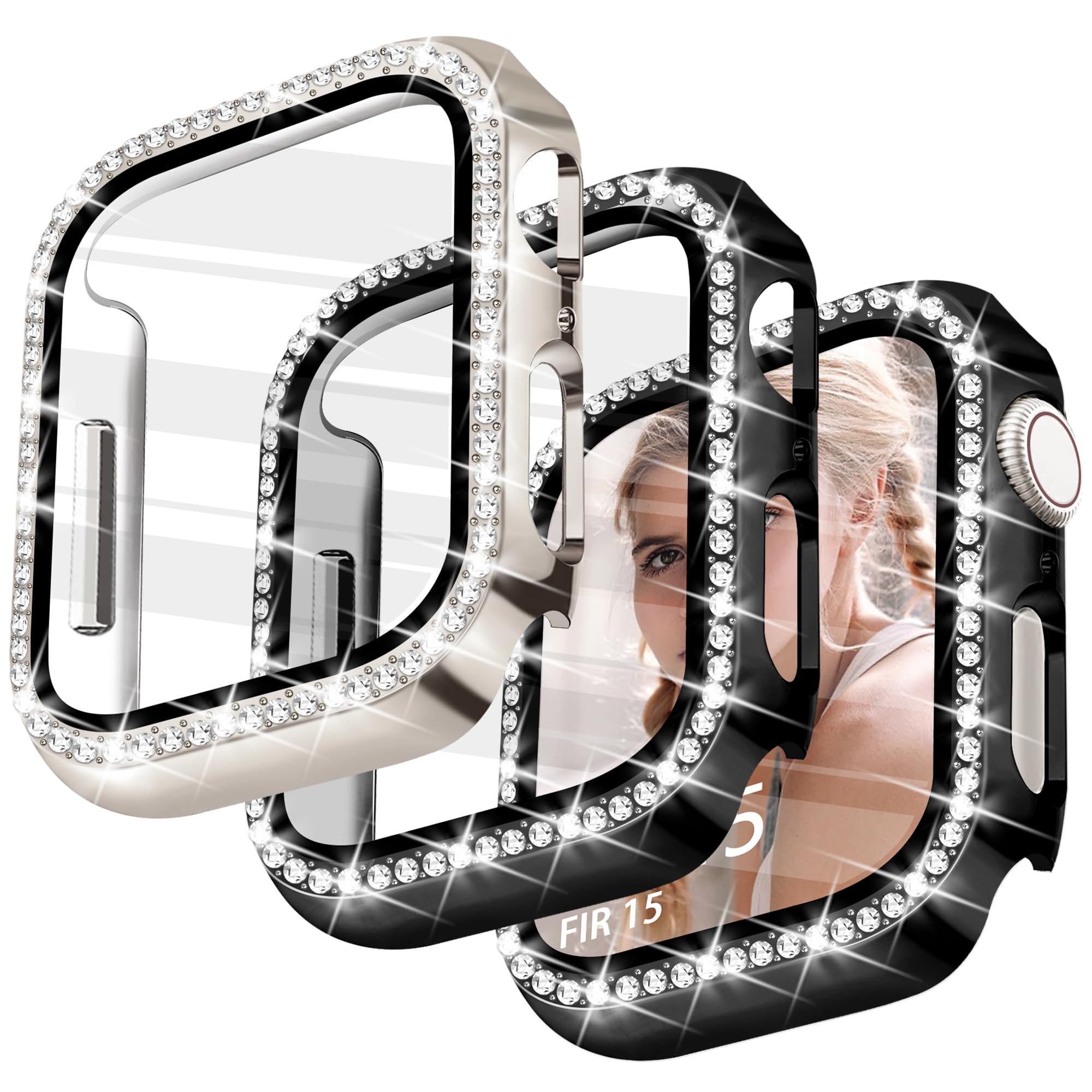 JR.DM 2 Pack Bling Case with HD Screen Protector Compatible with Apple Watch Series 7 8 9 41mm, Women Glitter Diamond Rhinestone Bumper Face Cover for iWatch Accessories 41mm Starlight/Black