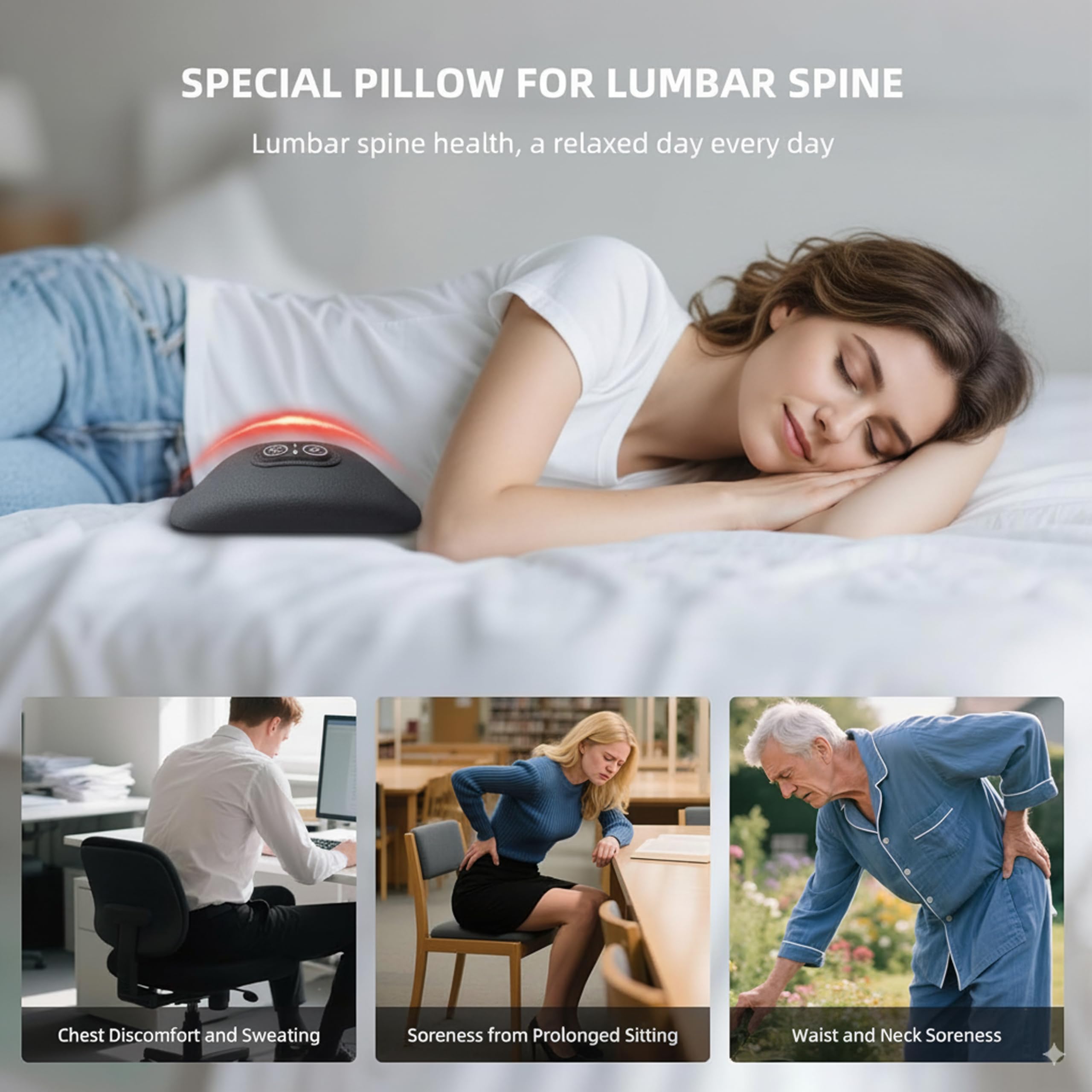 Cuscino massaggiatore elettrico 3 in 1 per schiena, ergonomico, con supporto lombare regolabile e calore delicato, comodo cuscinetto alimentato tramite USB, per letto, sedia e scrivania