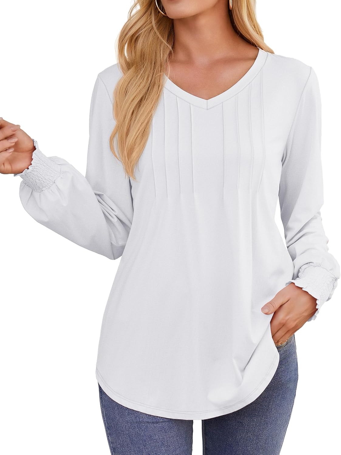 YUCOLEN Womens Long Sleeve Shirt V Neck T Shirts Pleated Dressy Casual Blouses Ruffle Cuffs Loose Tunic Tops - Image 3