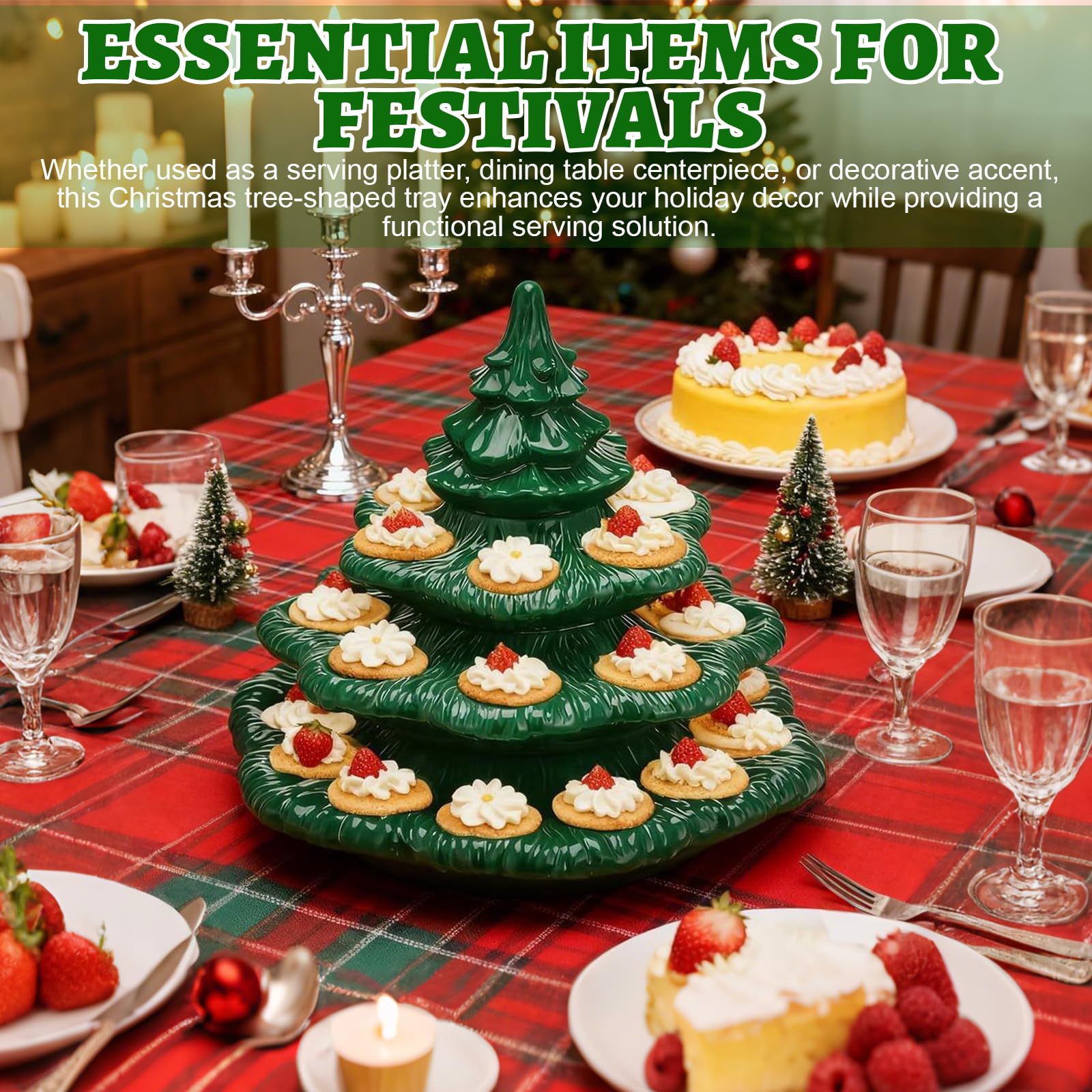 Bandeja reutilizable para huevos con tapa para árbol de Navidad, bandeja ovalada apilable para fiestas, soporte decorativo verde con forma de planta para reuniones festivas