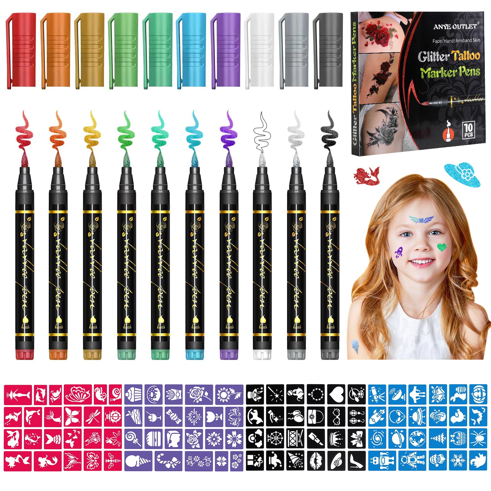 Tattoo Stifte Kinder, 10 Stück Glitzer Tattoo Kinder Tattoostifte Set für die Haut mit 8 Blätter 92 Schablonen Groß Temporäre Tattoo Henna Schablonen für Kinder Erwachsene Geburtstage Party Halloween
