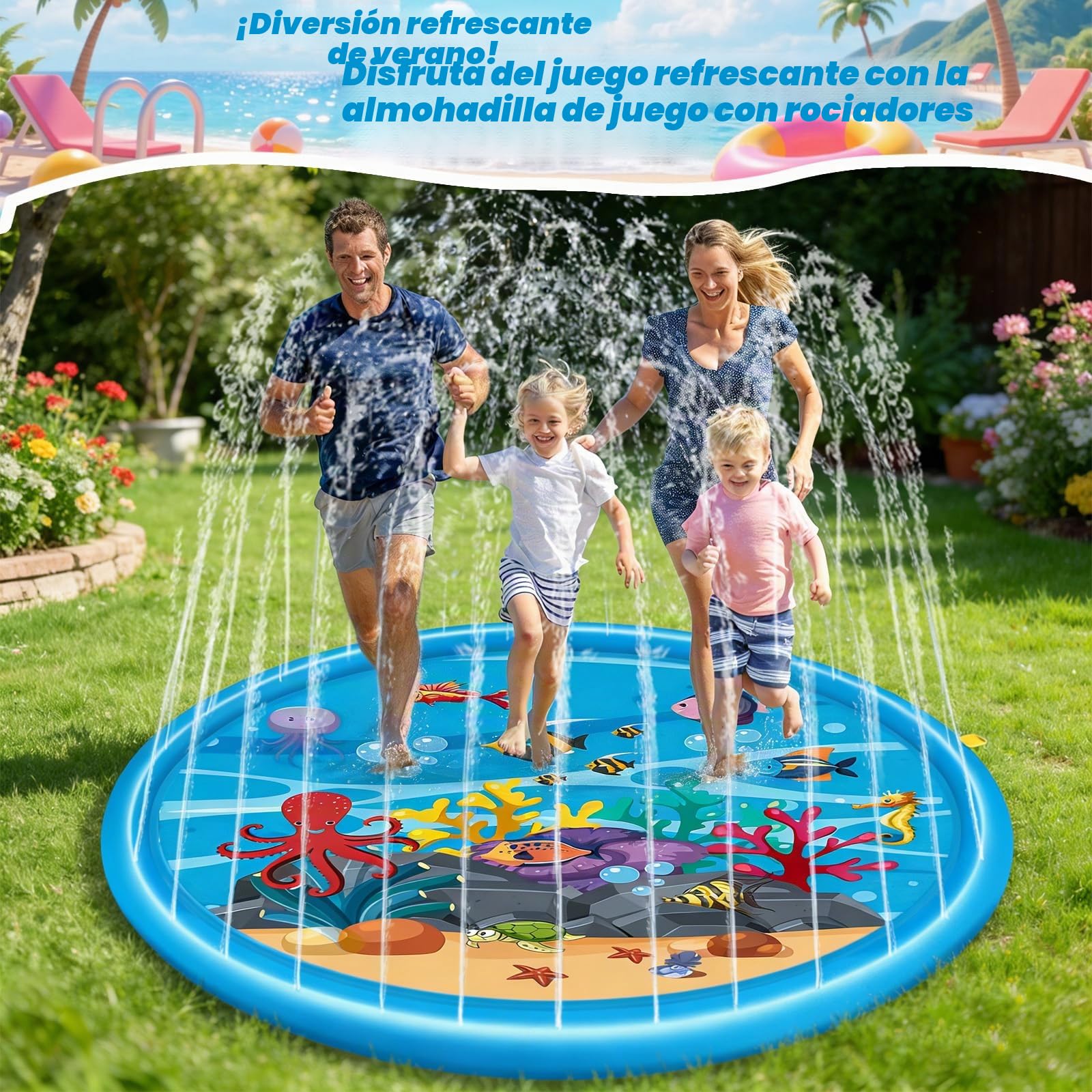 170cm Splash Pad, Alfombra de Juego de Agua, Juguete Acuático de Verano, Juego de Agua de Aspersión al Aire Libre para Niños y Mascotas, para Actividades al Aire Libre, Fiestas en la Playa