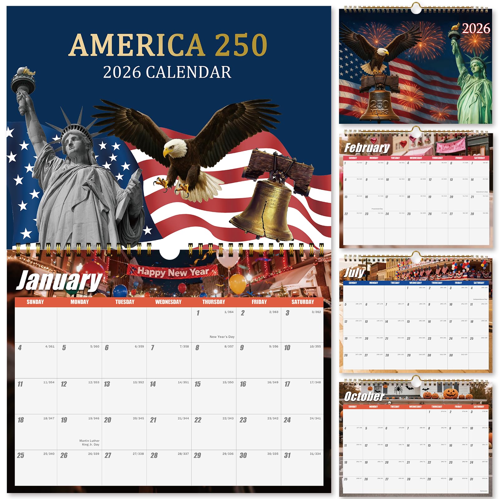 250th Anniversary American Patriotic 2026 Calendar - Vintage Art Spiral Bound Planner