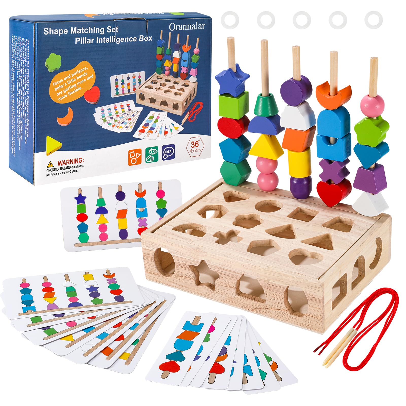 3 in 1 Montessori Wooden Beads Sequencing Toy Set - Color Sorting Stacking Geometric Shape Matching Game Beads Sequencing Toy Lacing Beads Stem Fine Motor Skills for Toddlers