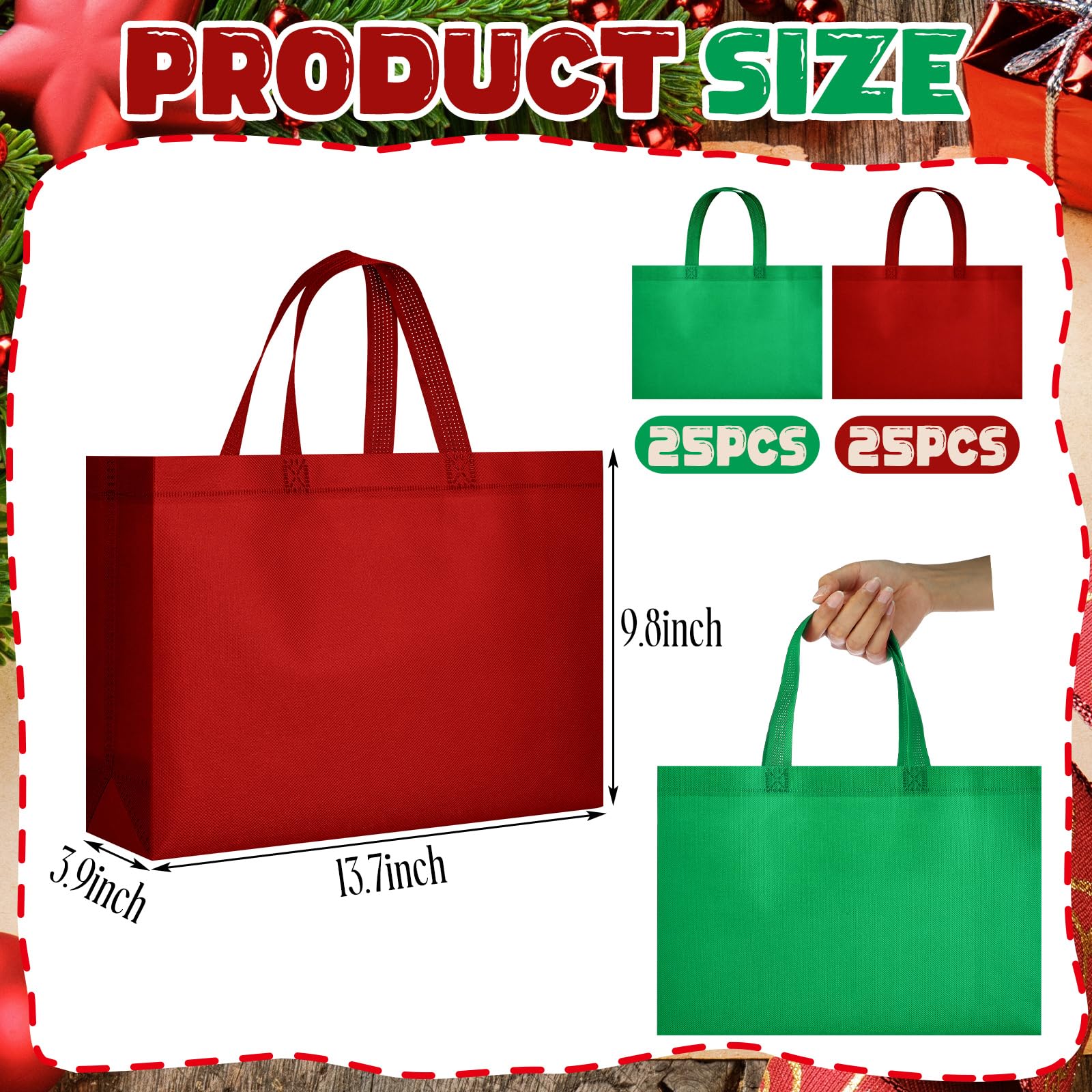 SATINIOR Lot de 50 grands sacs fourre-tout non tissés réutilisables avec poignées pour Noël, shopping, vacances, fête d'anniversaire (35,6 x 25,4 x 10,2 cm)