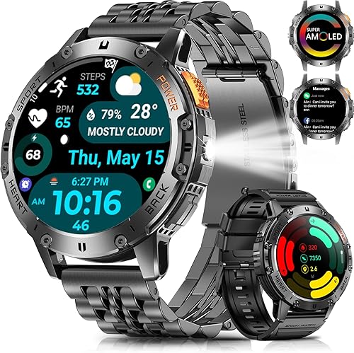 Vista 10 de Relojes inteligentes para hombres con llamada Bluetooth, reloj inteligente AMOLED impermeable de 1.43 pulgadas con linterna, 111 modos deportivos, 2