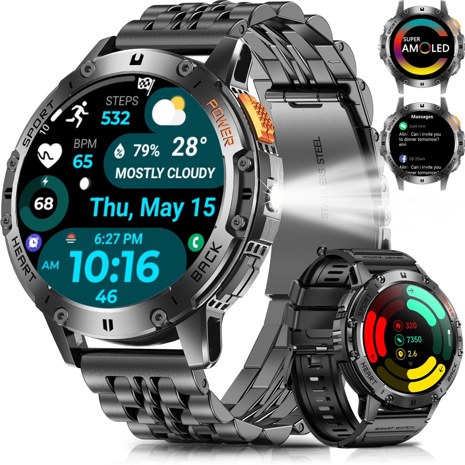 PODOEIL Smart Watch for Men with Bluetooth Call, 530mAh Battery Military Smart Watches for Android iOS, 1.43" AMOLED Waterproof Smartwatch with Flashlight, 111 Sport Modes-image-5