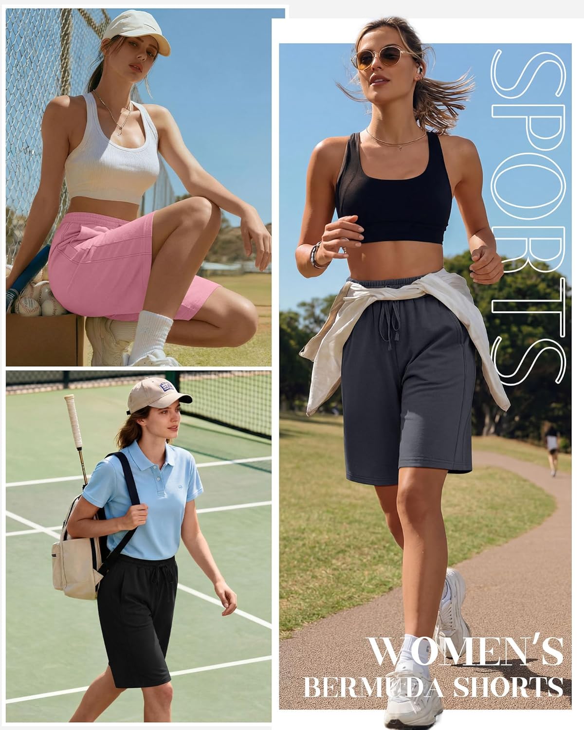 3 Pack Women's Bermuda Shorts Summer Drawstring Elastic Waisted Comfy Casual Sweat Long Shorts - Image 2
