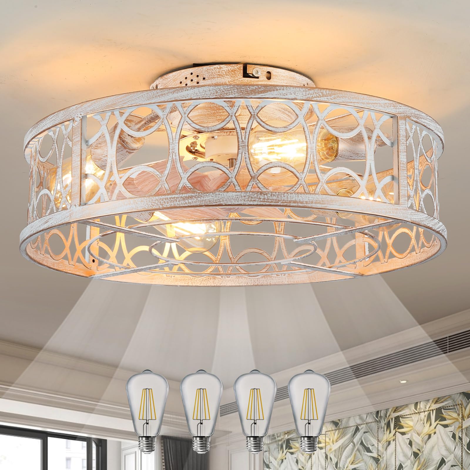 Similar Ceiling Fans with Lights Flush Mount,20 Inch Caged Modern Small White Fan for Bedroom,Low Profile Ceiling Fan with Remote,6-Speed Reversible Quiet Chandelier Fans (4 Bulb Include)