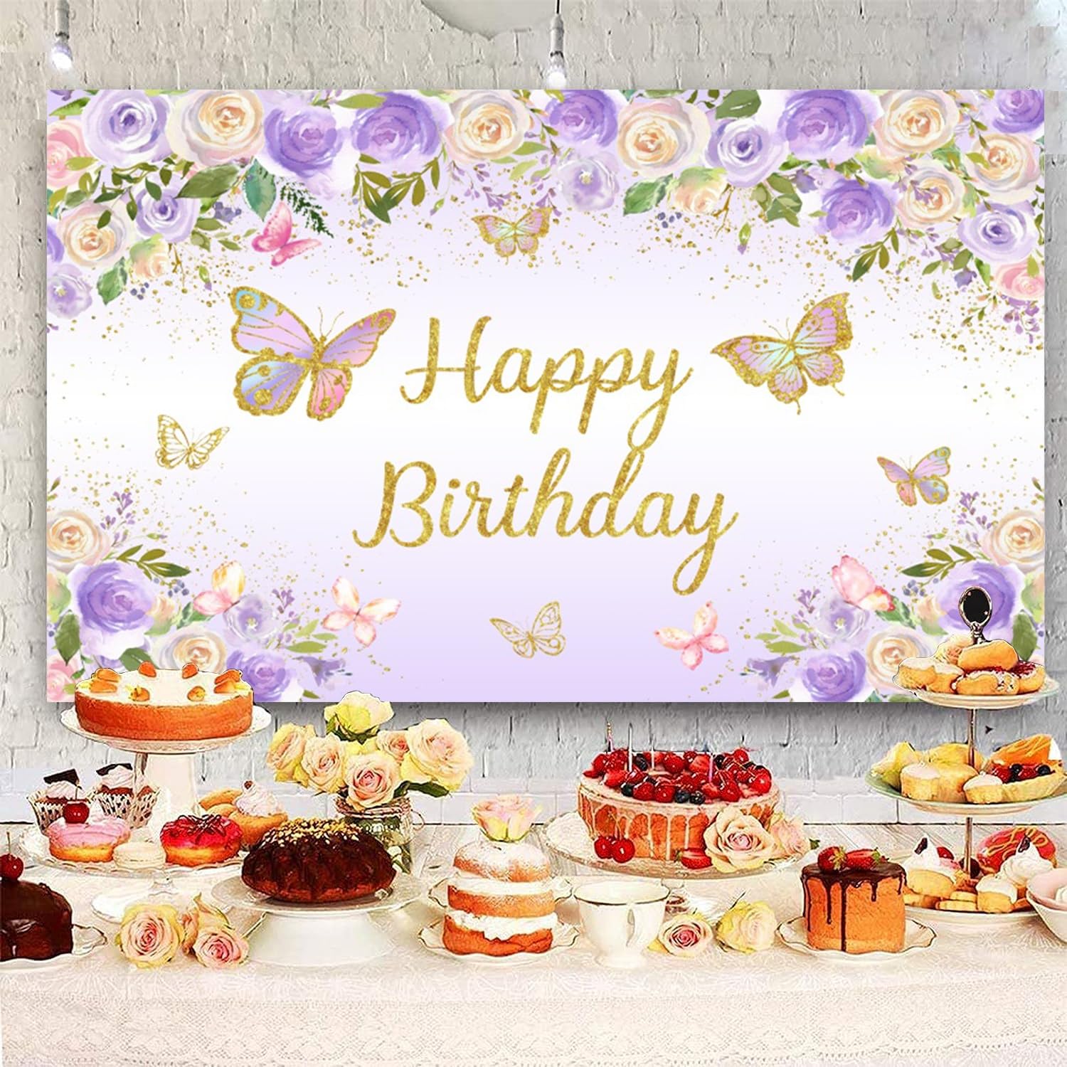 Tło "Happy Birthday", dla dziewcząt, fioletowy, motyl, złoty, baner, księżniczka, dziewczyna, urodziny, przyjęcie, ciasto, dekoracje stołowe, materiały eksploatacyjne, rekwizyty do budki