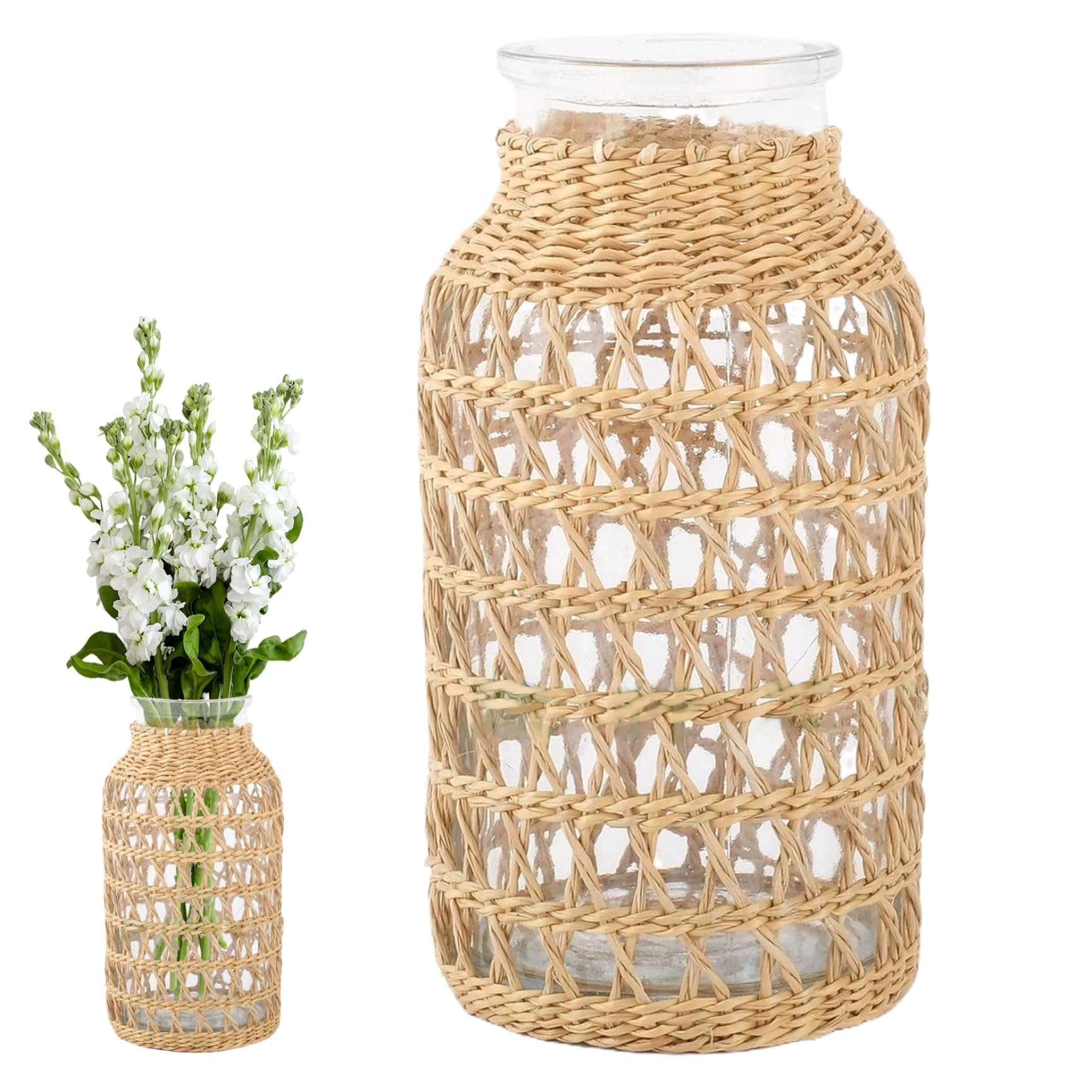 CAKEEYUM Glass Flower Vase with Rattan Cover Clear Woven Cover Boho Vase, Farmhouse Decorative Planter for Home Arrangement Table Centerpiece