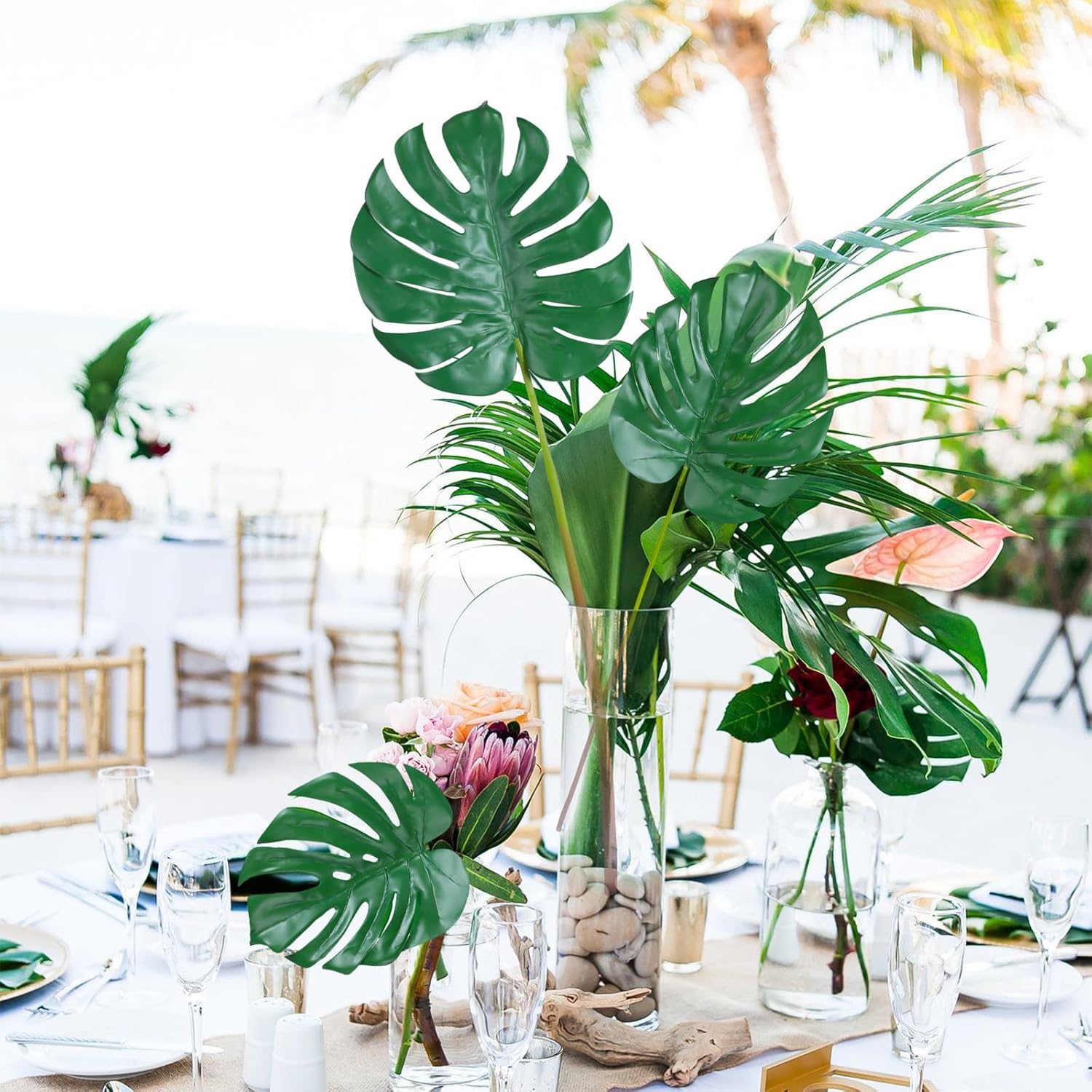 DuHouse 6Pcs Faux Monstera Leaves Artificial Greenery with Long Stems Large Fake Tropical Palm Leaves for Home Wedding Birthday Theme Party Decorations