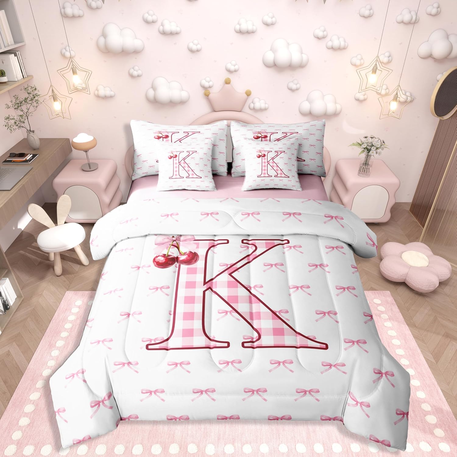 Erosebridal Pink Bow 7 Piece Comforter Set Twin Initial K Letter Bowknot Bed in A Bag Cherry Plaid Bow Tie Bedding Sets for Kids Girls Monogrammed Dreamy Princess Style Sheet Set with Comforter