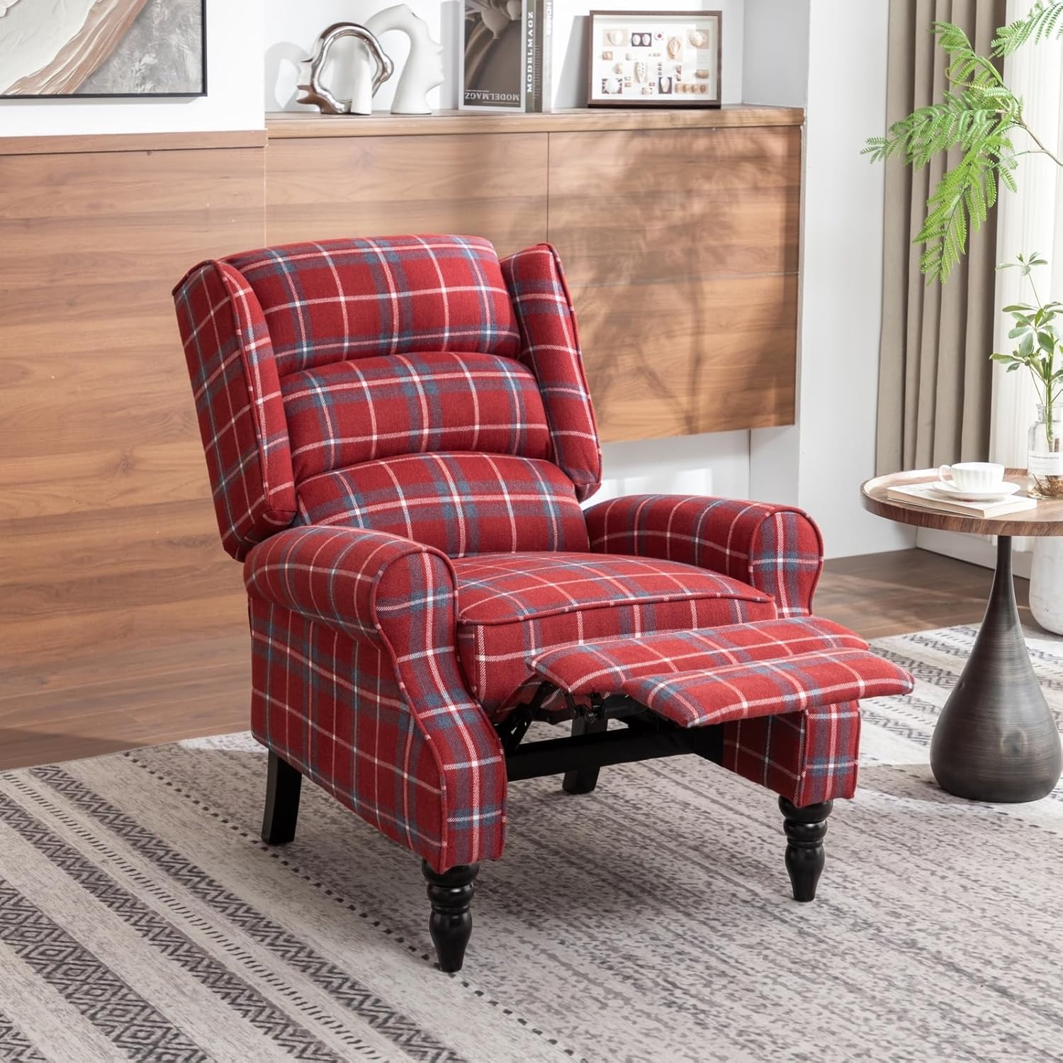 Upholstered Wingback Recliner Chair, Plaid Recliner Chair Armchair Adjustable Footrest Push Back Reclining Sofa, Mid-Century Modern Lounge Armchair for Living Room, Bedroom, Reading - Red