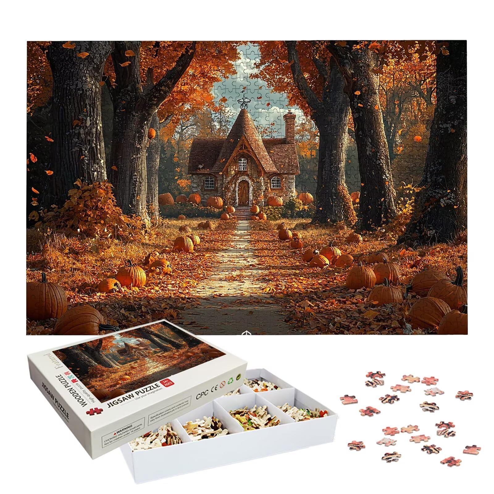 Puzzle 1500 elementów dla dorosłych, jesienne puzzle dla dorosłych i dzieci, duże drewniane puzzle z pudełkiem, gra koncentracyjna dla dorosłych, 1500 elementów puzzli na Halloween do dekoracji ścian