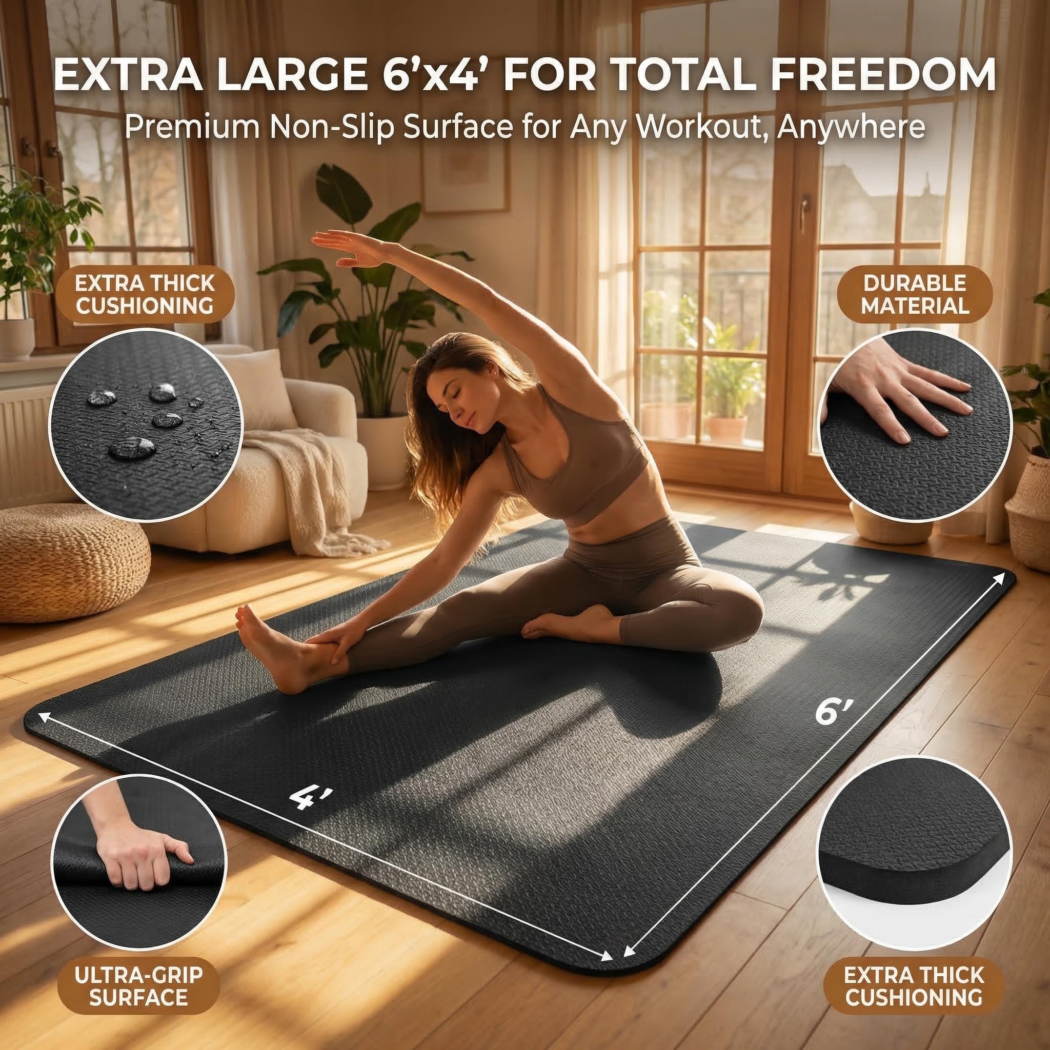 Grande tappetino da yoga 183 x 122 cm, tappetino da yoga grande per pilates, antiscivolo, spesso, tappetino da allenamento in TPE, per donne e uomini, yoga, pilates, palestra e allenamento