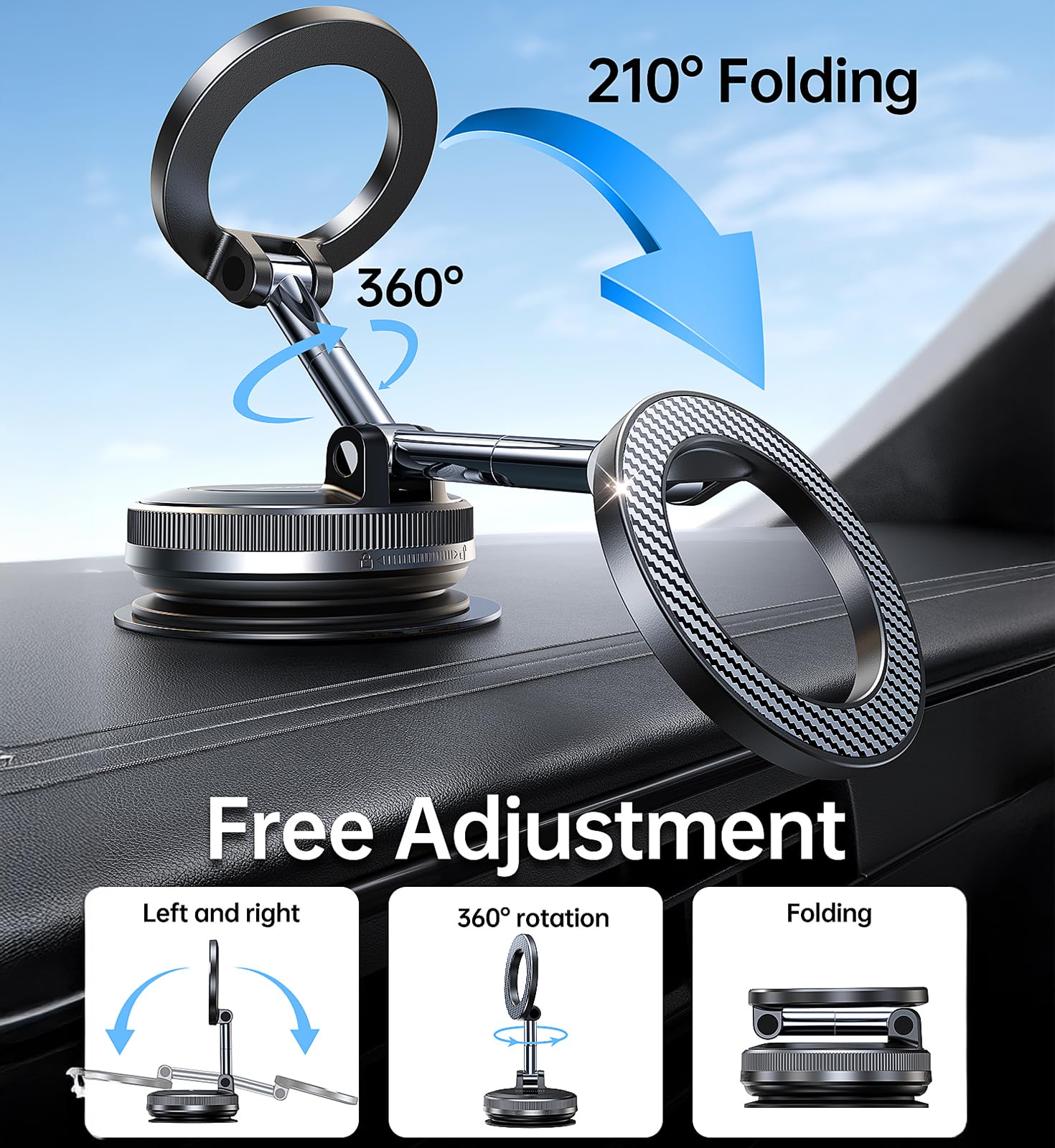 Romuto Supporto Telefono Auto Ventosa per MagSafe,2026 Supporto Magnetico a Vuoto [Forte Aspirazione] Installazione in un Secondo,Porta Telefono Auto Rotazione 360° per iPhone 17 16 Accessori Auto Kit