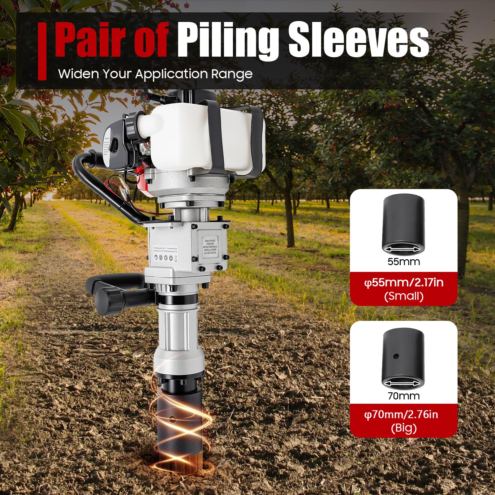 Benzin Pfahlramme 32.7CC 2 Takt Motor Pfostentreiber 2 IN 1 Benzin Erdbohrer mit 55-70mm Hülsen, Umwandlungskopf & Meißel 1000W Hand-Zug-Start Einzylinder Benzinpfahlramme für Gebäude Zaunbau