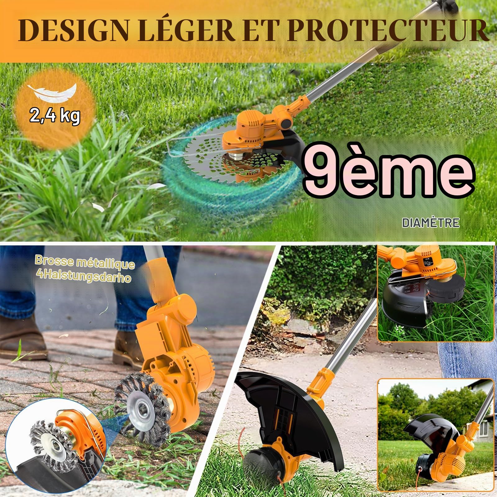 Coupe Bordure sans Fil avec Batterie 4 en 1 Debroussailleuse Electrique sans Fil 21V Débroussailleuse à Batterie Brushless avec 2 Batteries 4.0Ah, Brosse Désherbage et 1 Bobines,Orange,c