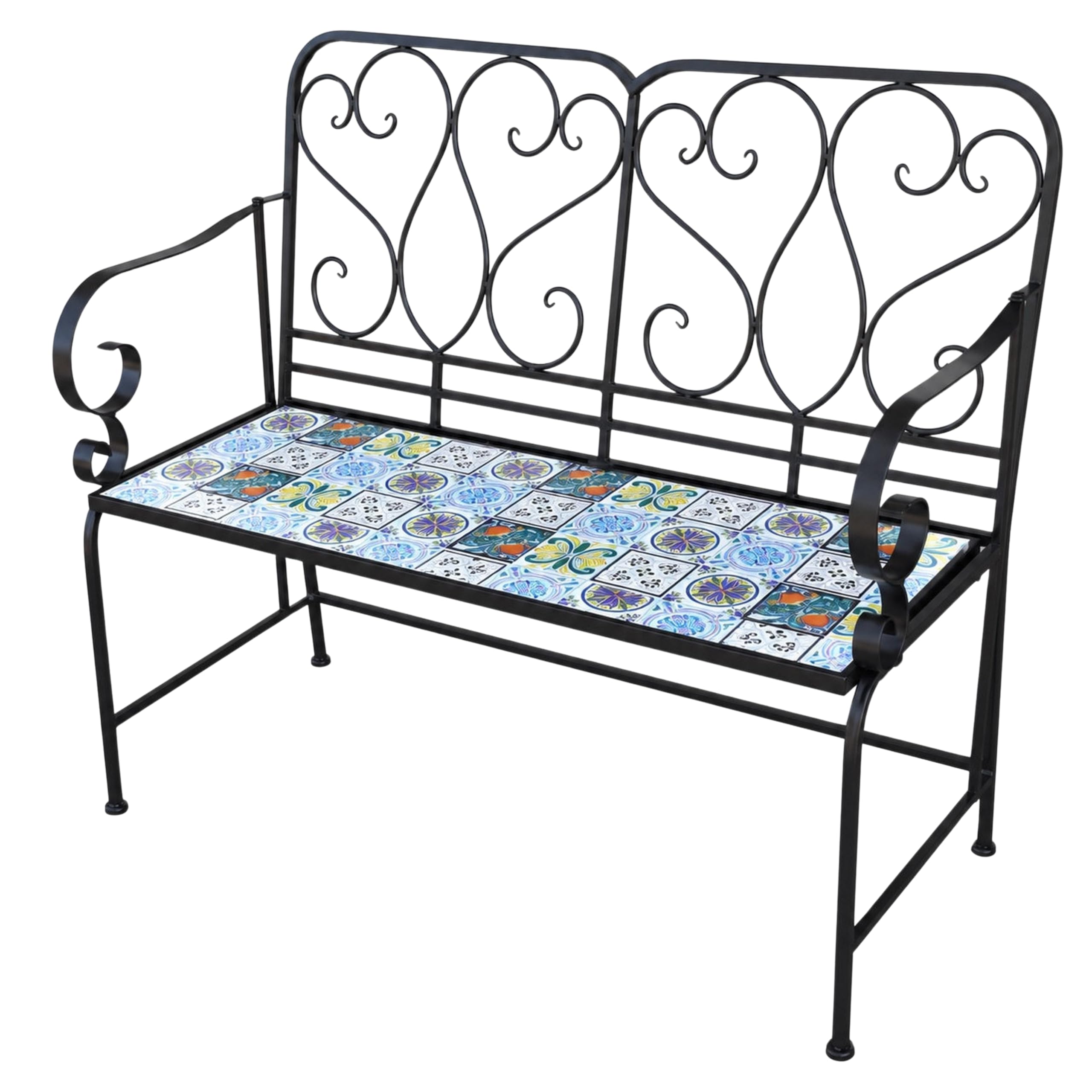 Mosaic Garden Bench 2 Seater 112cm - Metal Ceramic Tile Seat - Lisbon Outdoor Patio Bench for Balcony, Terrace, Porch, Garden, Patio and Home Décor