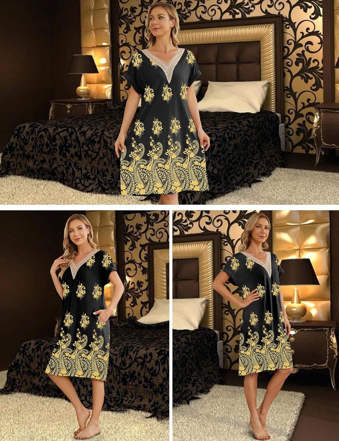 Bloggerlove Womens Cotton Nightgown House Dress with Pockets Moo Moo Nightgown Lace V Neck Mumu Short Sleeve Lounge Dress - Image 4