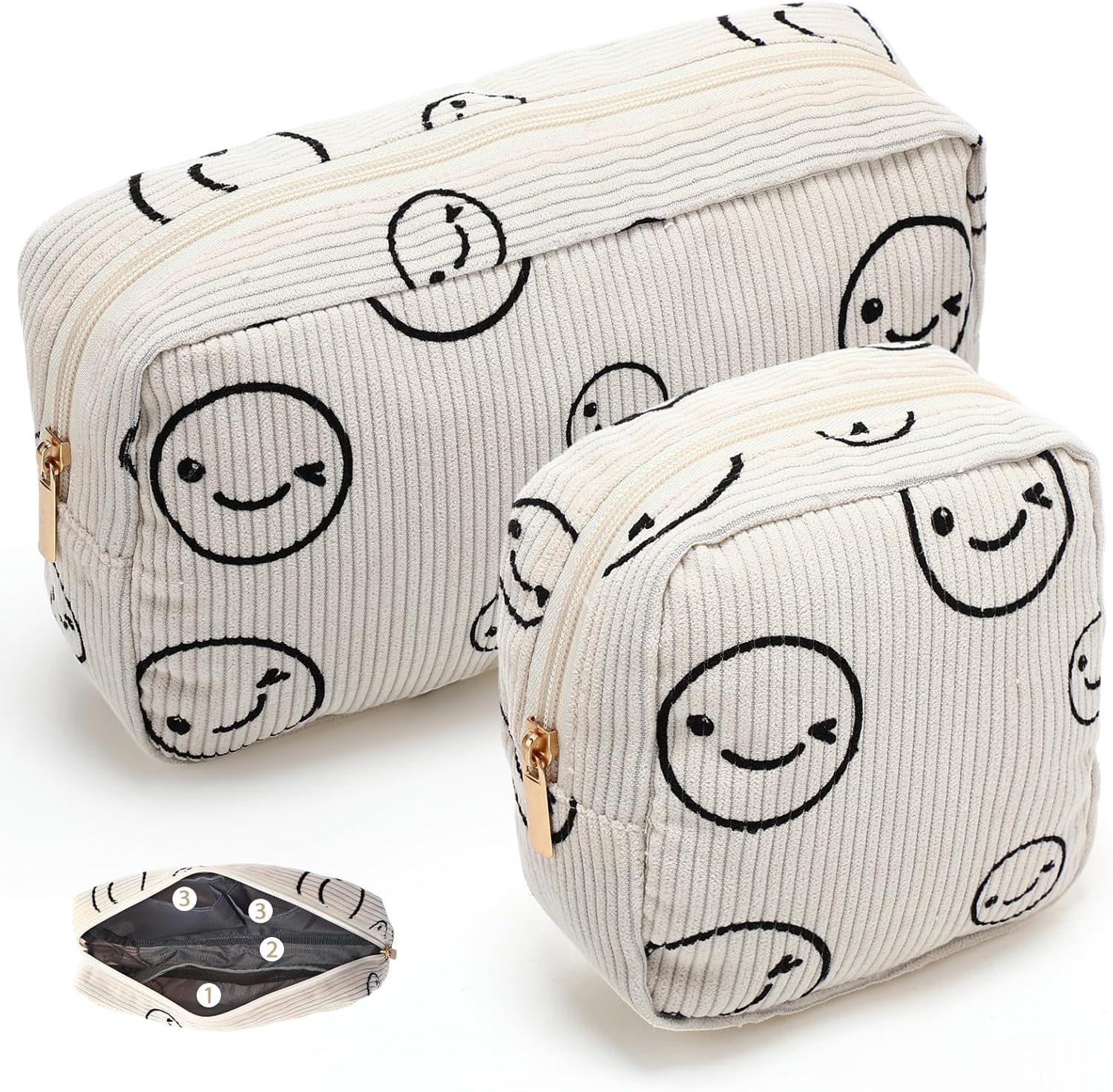 Willinglong 2 Pcs Corduroy Cosmetic Bag for Women Beige