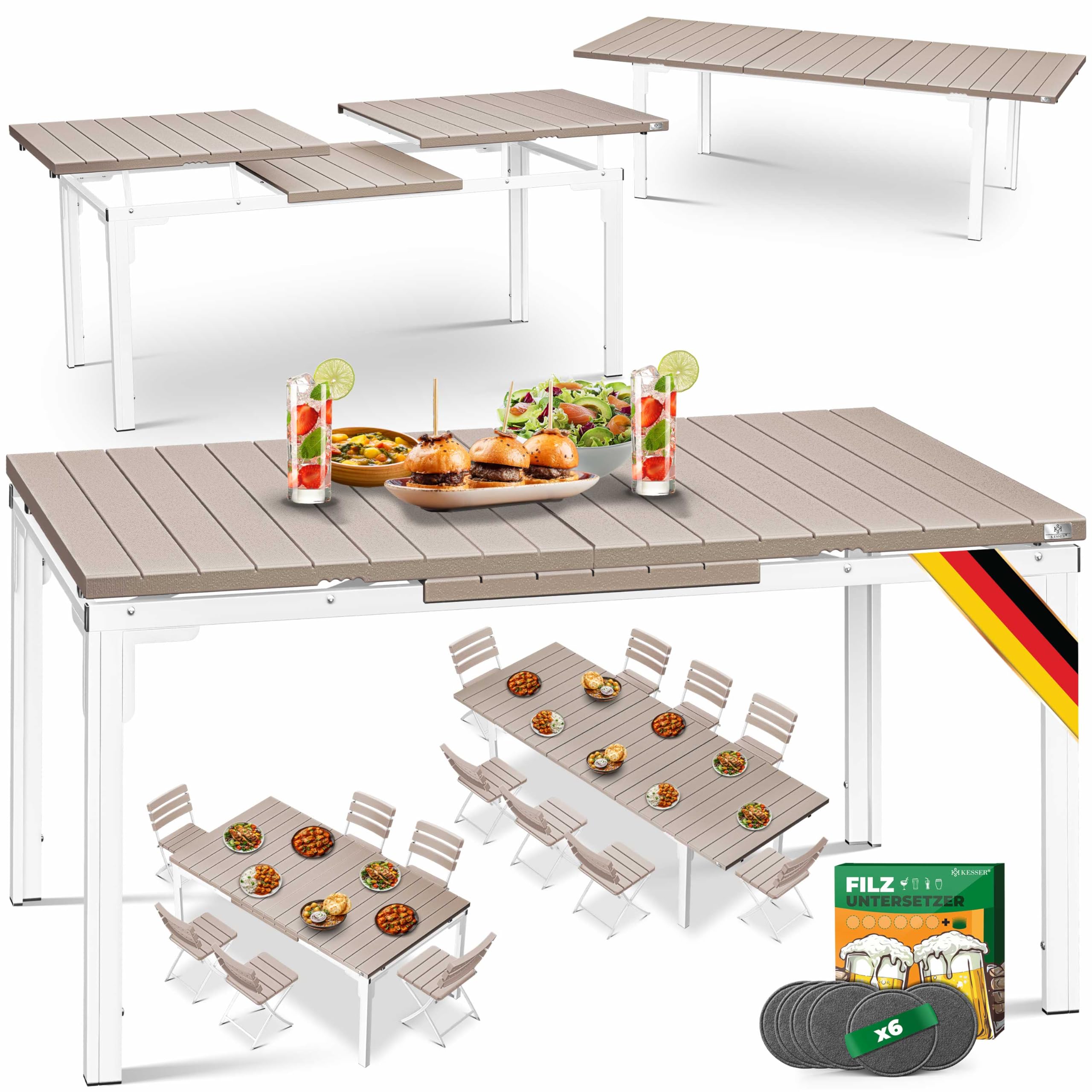 KESSER® Mesa extensible de jardín extensible 180/240 x 90 cm para hasta 8 personas, mesa de comedor para jardín y terraza, resistente a la intemperie y a los rayos UV, patas con revestimiento de polvo