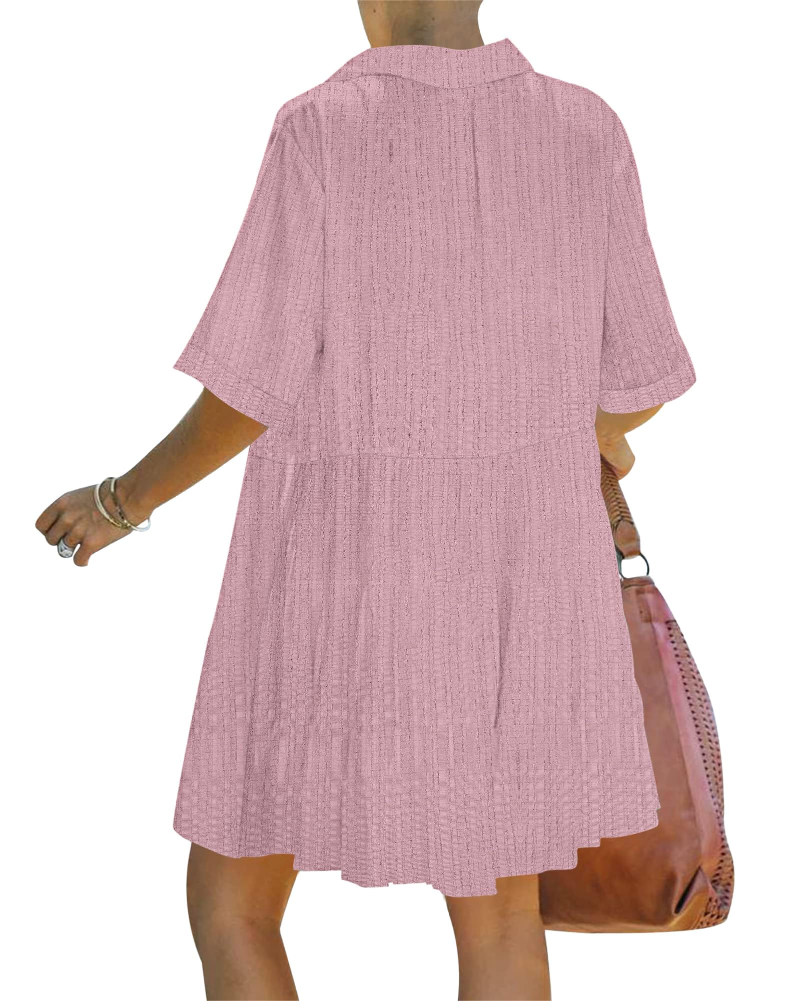 PYGFEMR Women's Short Sleeve Babydoll Dress Button Down Dresses with Pockets