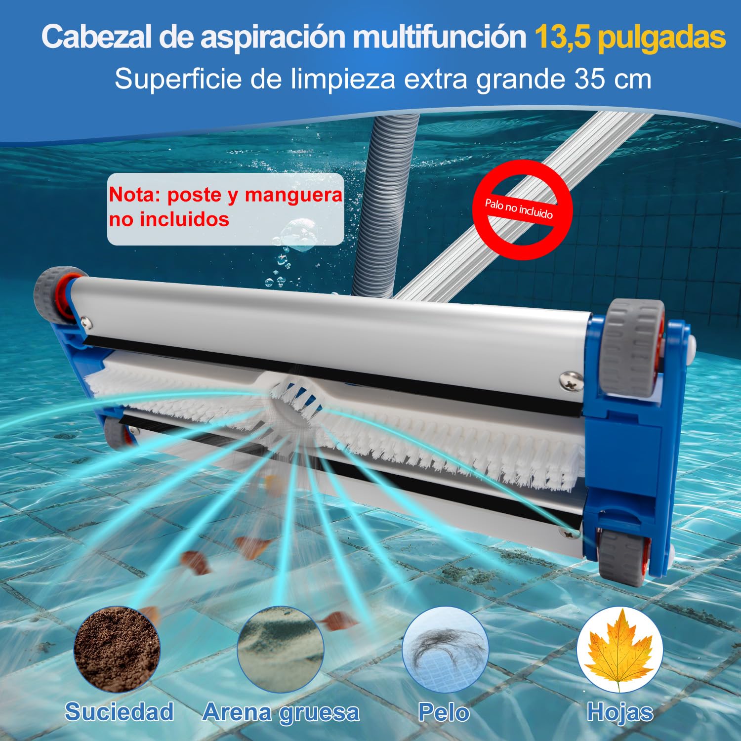 Cepillo para Piscina con Conexión de Aspiración 34 cm de Aluminio con 4 Ruedas, Cabezal Aspirador de Piscina Pesado 2,2 kg para Manguera de 38 mm, Cepillo Aspirador para Piscinas Elevadas y Enterradas — view 3
