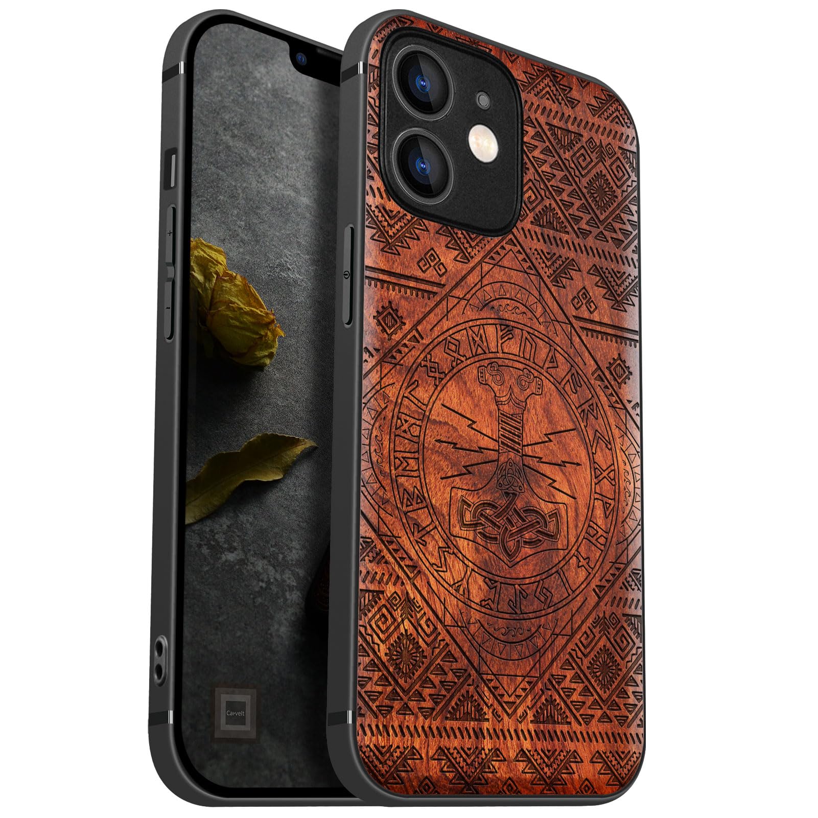 Carveit Custodia in Legno per iPhone 12 Cover magnetico [Ciliegia Legno] Ricarica Compatibile con 12 MagSafe Paraurti Robusto TPU(Bussola vichinga