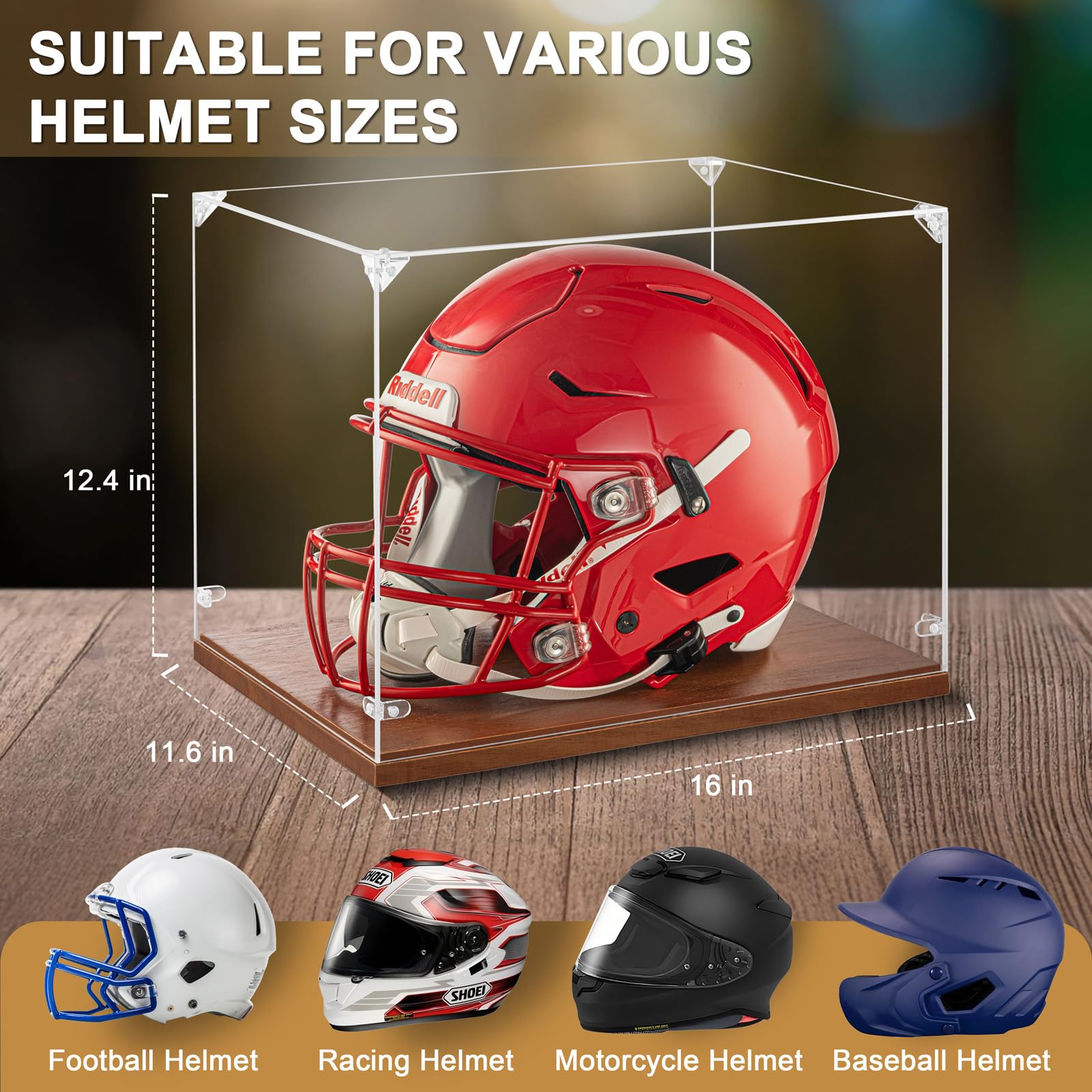 Amazon.com: Football Helmet Display Case Full Size, Thickened UV Protection  Clear Acrylic Lid Helmet Box, Football Helmet Showcase with Solid Wood Base  for Sports Memorabilia : Sports & Outdoors