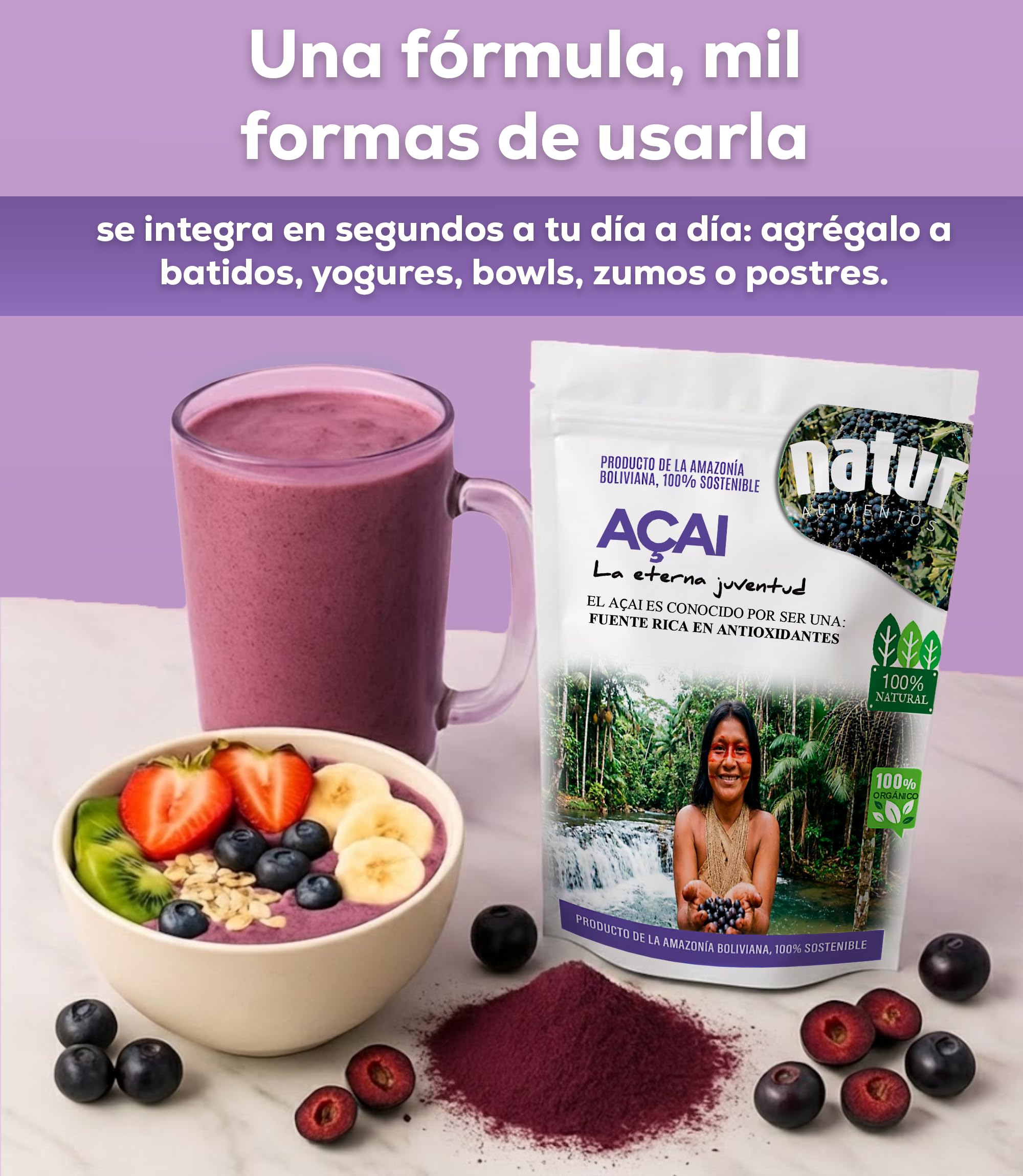 Acai en Polvo Puro Liofilizado Superalimento Natural de la Amazonía Rico en Antioxidantes Vegano No GMO Ideal para Batidos Postres Recetas Saludables 100g
