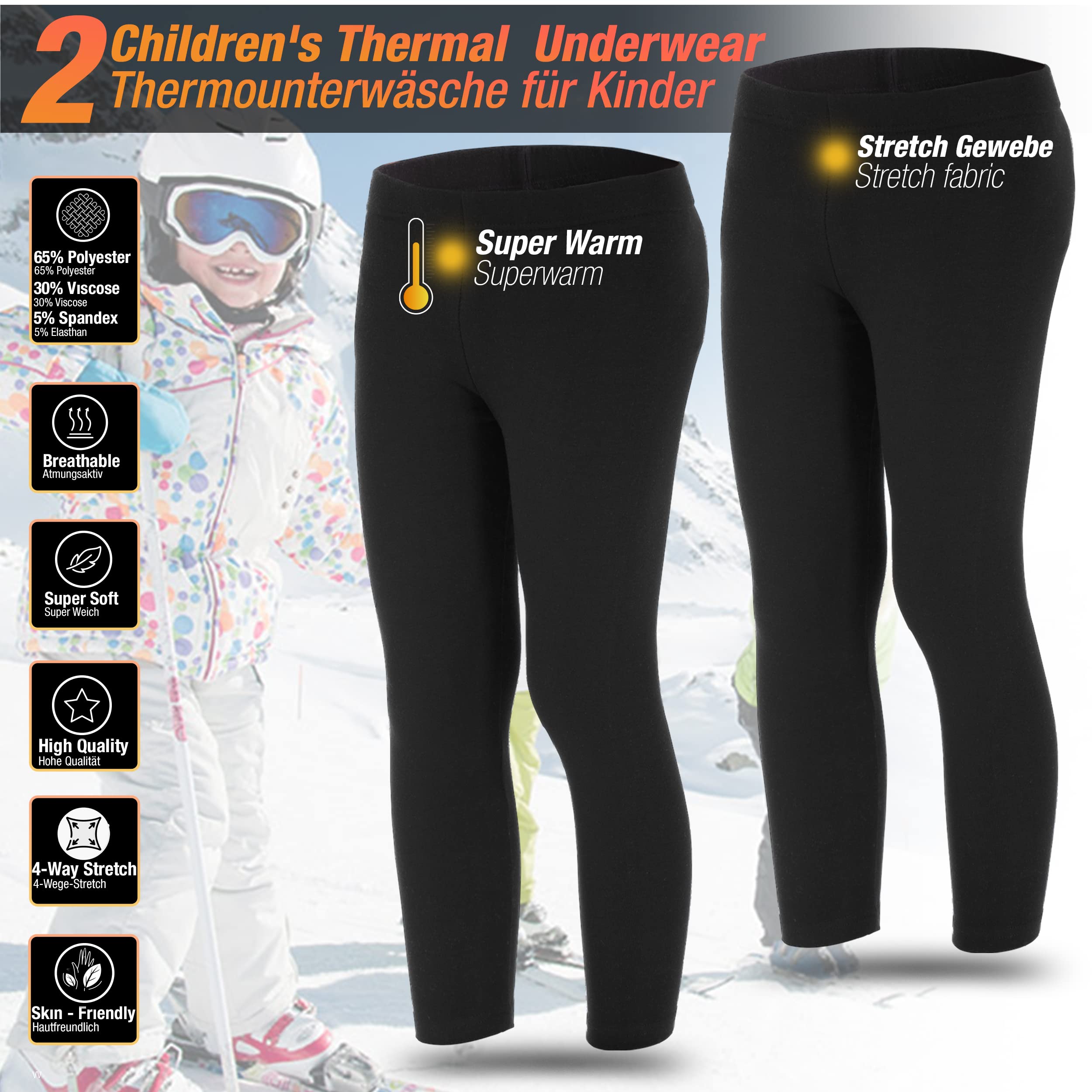 LOREZA® 2 Enfants Garçons Filles Thermique Legging sous-vêtements avec Polaire Chaud uni