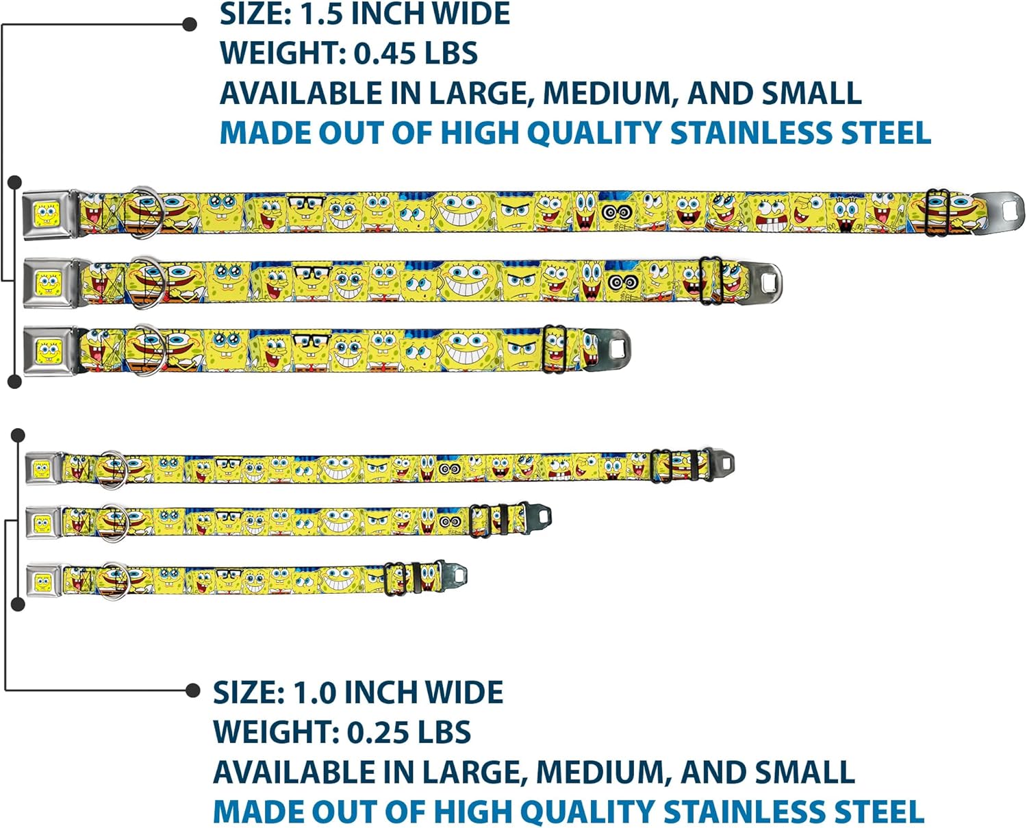 Buckle-Down Seatbelt Buckle Dog Collar - SpongeBob Expressions Stripe Blue - 1.5" Wide - Fits 16-23" Neck - Medium