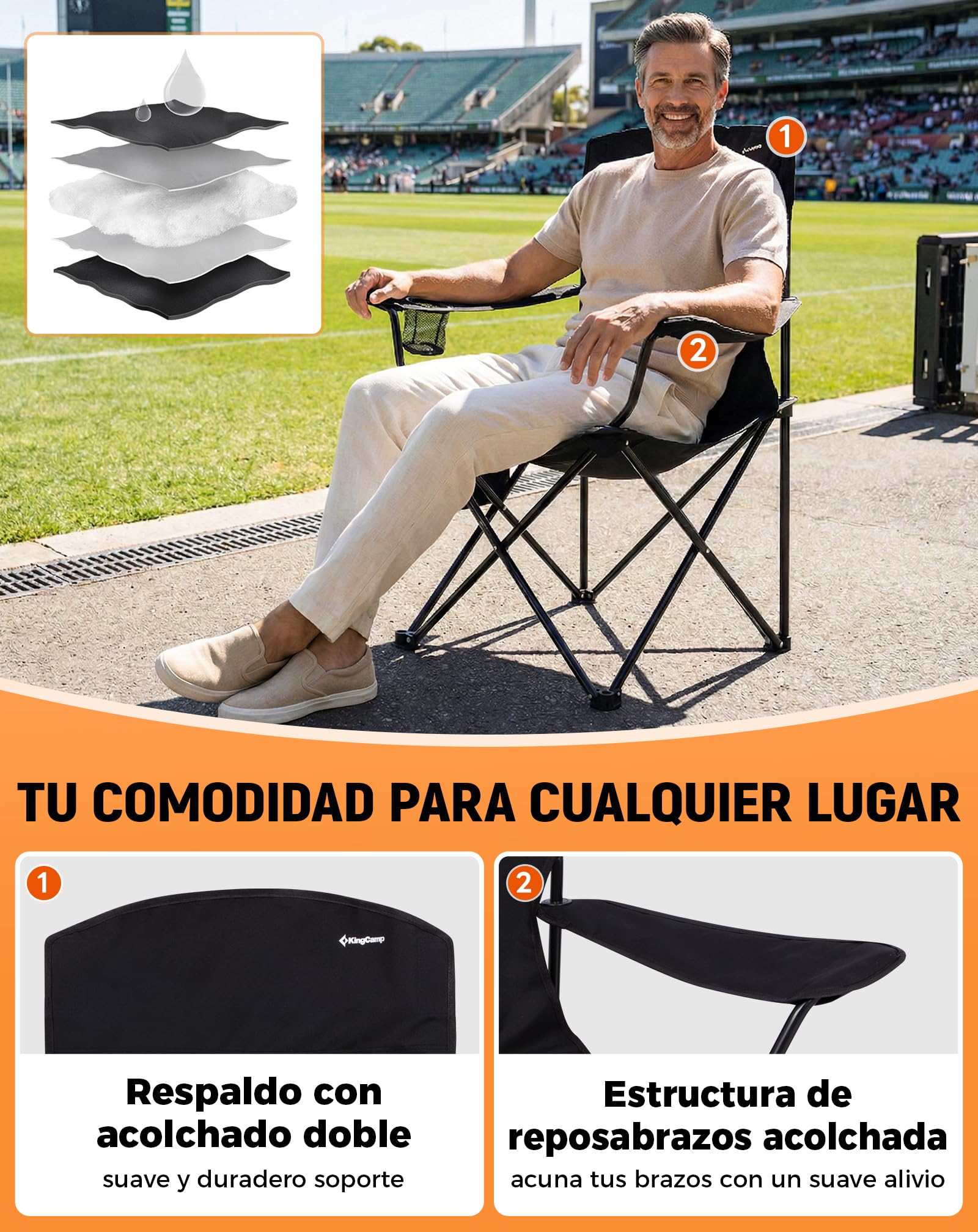 KingCamp Silla de Camping Plegable Ergonómica Acolchada 150 kg | Con Portavasos, Bolsillo Lateral, Solo 2,8 kg, Tamaño Compacto 15×15×93 cm para Camping, Jardín, Pesca y Exterior