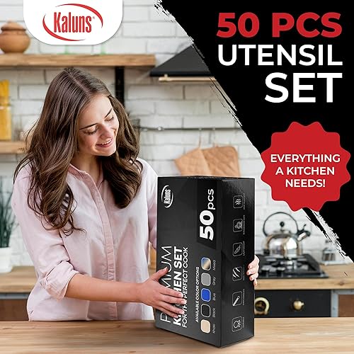 Miniatura 4 de Kaluns Juego completo de utensilios de cocina de silicona, 50 piezas, resistente al calor, antiadherentes, de alta calidad, con asas de madera,