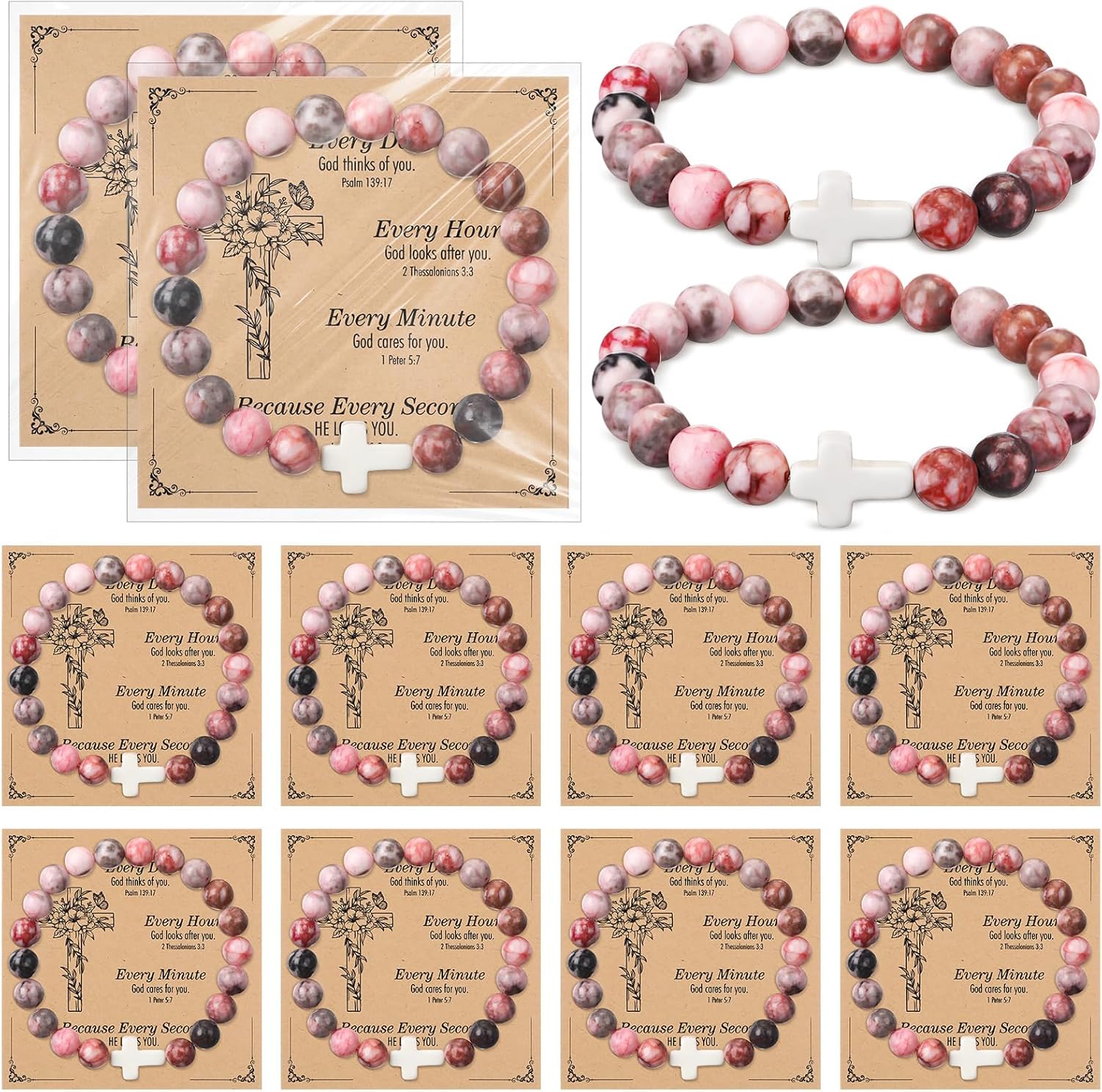 Highergo 12 Sets Christian Cross Beaded Bracelets Bulk for Women Natural Stone Bead Religious Jesus Bracelet Church Easter Gift