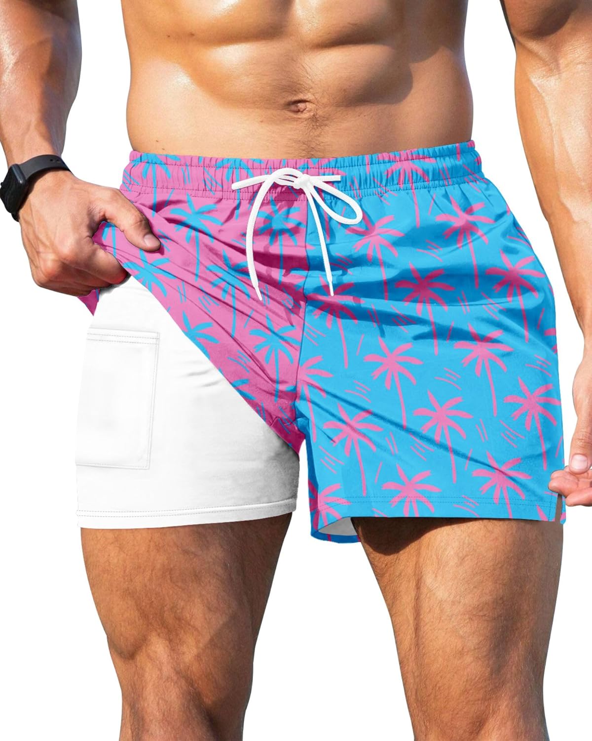 GIISAM Men's Swim Trunks, Bathing Suit 4 inch Inseam Quick Dry Swimsuit Beach Shorts with Compression Liner Pink