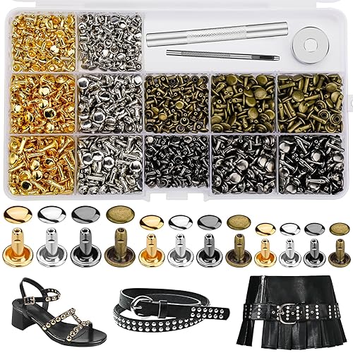 CBHGFEA 540 PCS Leather Rivets, 3 Different Sizes Double Cap Rivets Kit with Leather Rivet Setting Tools, Leathercraft Rivet Kit for DIY and Crafting, Decoration
