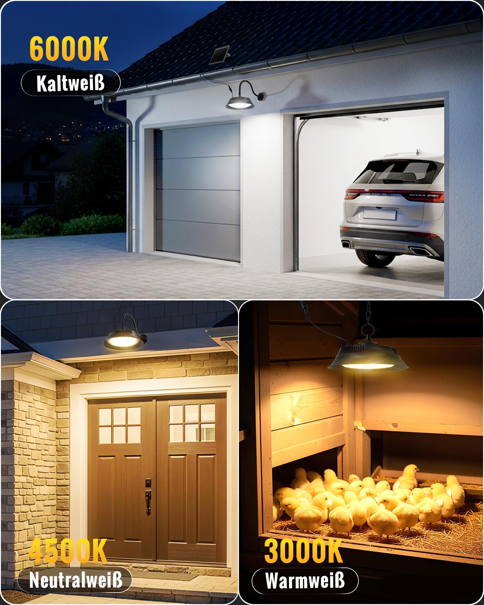 Solar LED Lampe Außen, Hängelampe & Wandleuchte mit Fernbedienung, 3 Farbtemperaturen, 5000mAh Akku, 10–12h Leuchtdauer, IP65 Wasserdicht für Gartenhaus, Schuppen, Garage, Stall, Terrasse