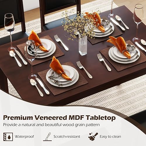 Miniatura 6 de Tangkula Juego de mesa de comedor para 4, juego de comedor de madera maciza de granja con patas de madera de goma, asiento tapizado y respaldo